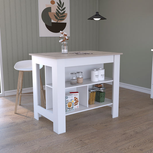 White and wood kitchen island with open shelving storing kitchenware