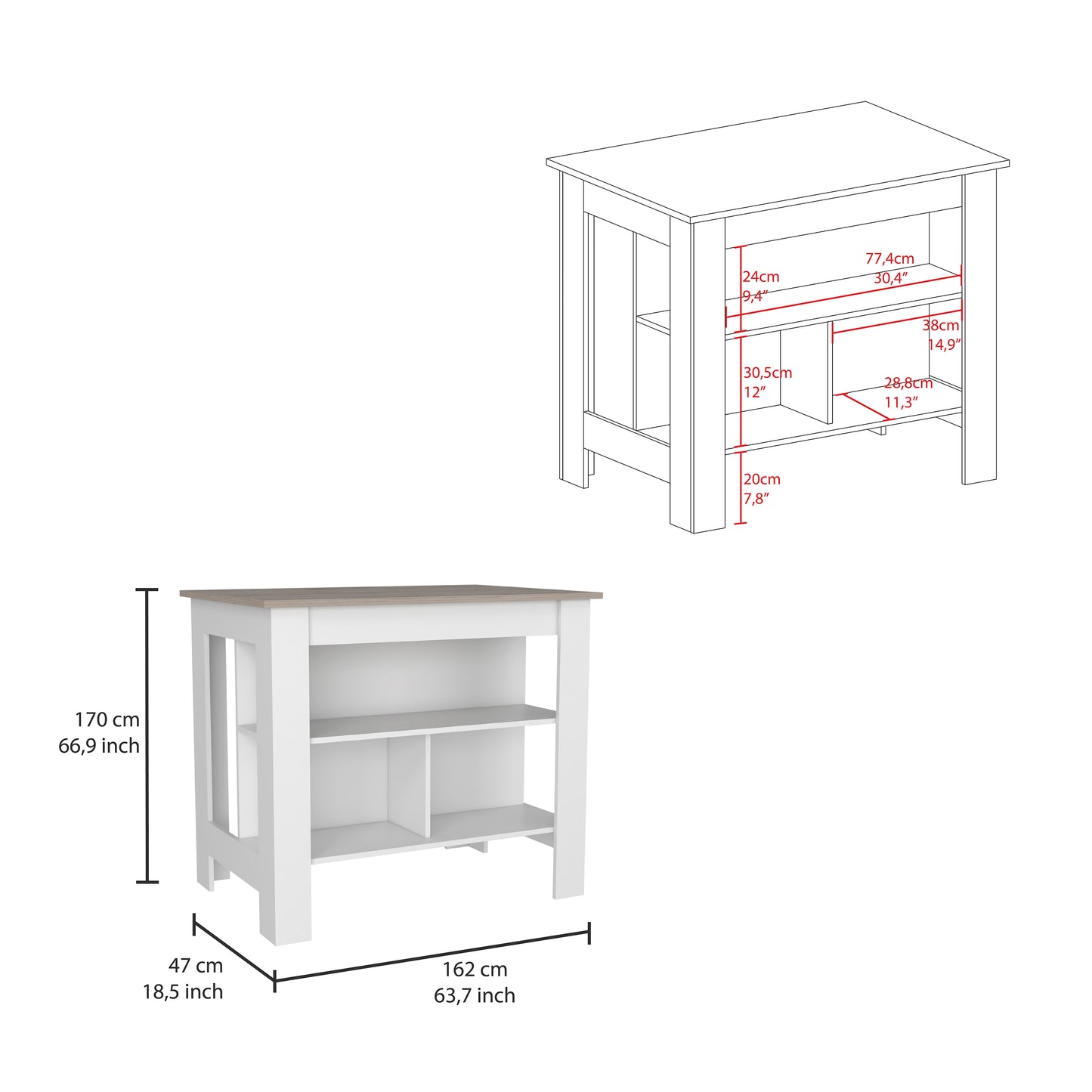 White and wood tone kitchen island with open shelves