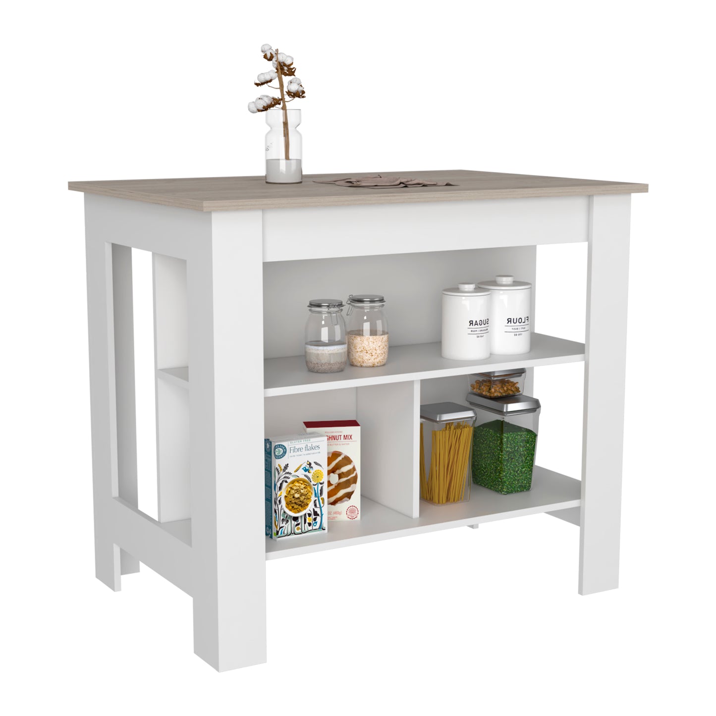 White and wood kitchen island with two shelves