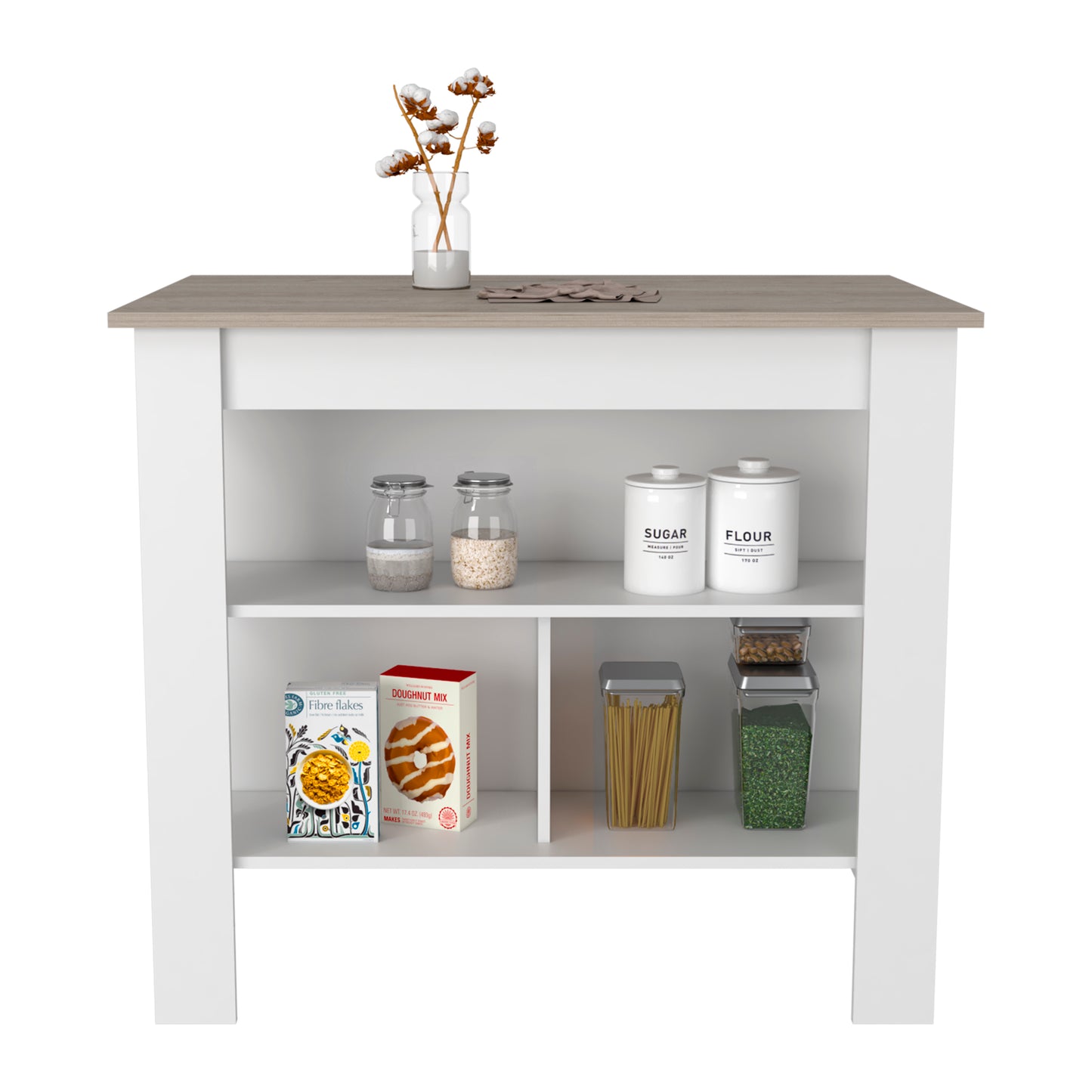 White and wood grain kitchen island with two open shelves displaying pantry items