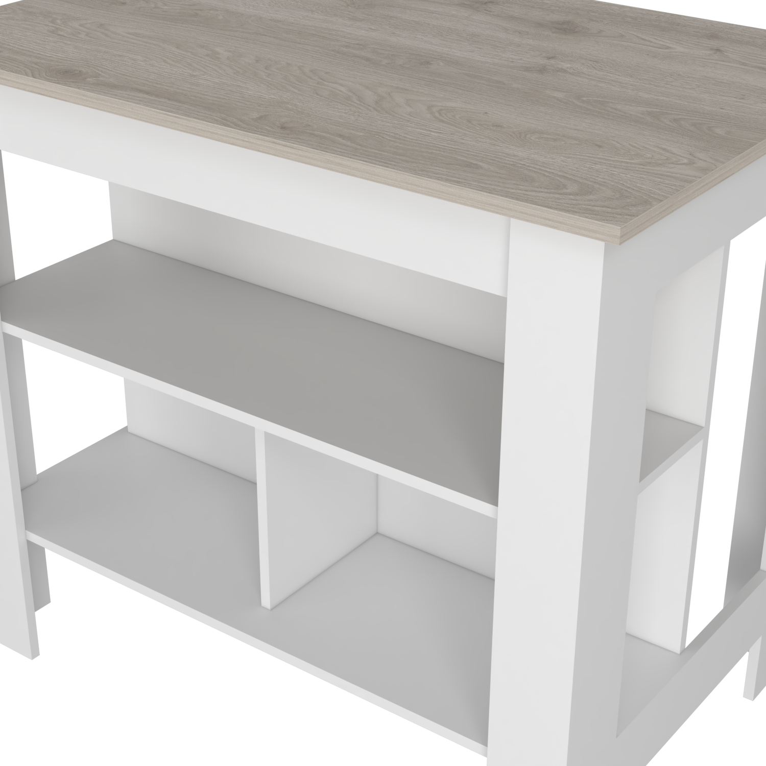 White and oak wood console table with open shelving