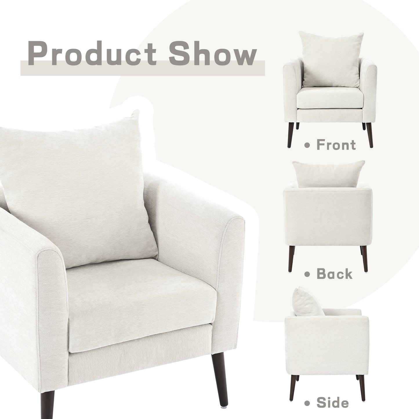 Cream fabric armchair with one matching pillow dark wooden legs