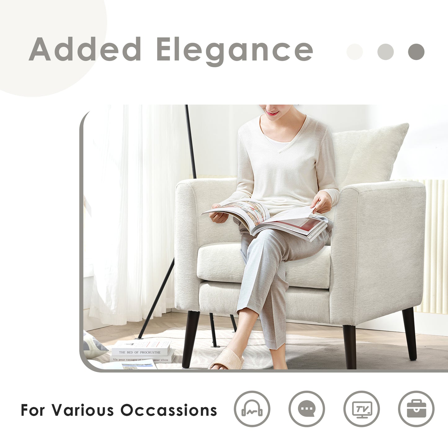 Cream textured armchair with dark wood legs perfect for reading in any living space