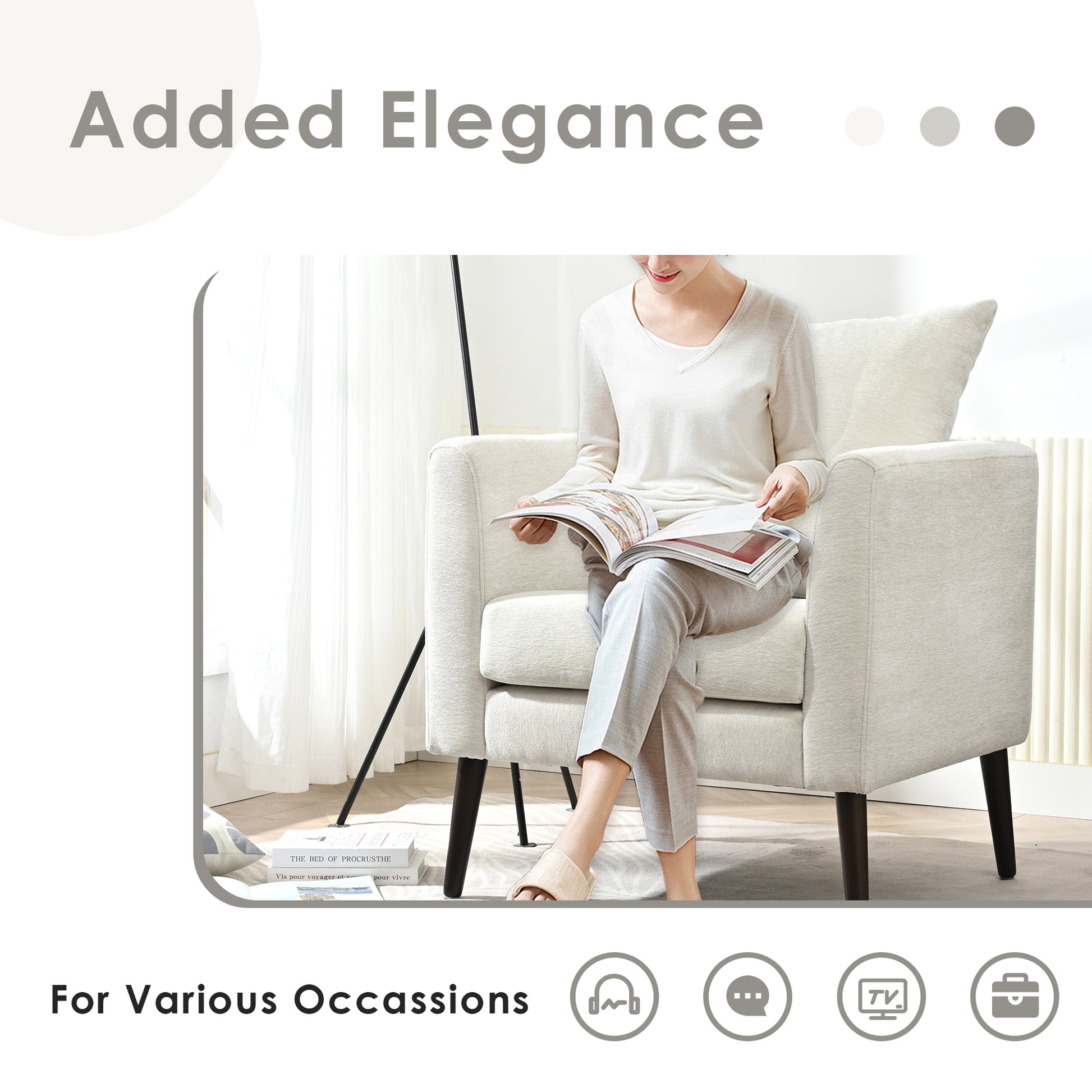Cream textured armchair with dark wood legs perfect for reading in any living space