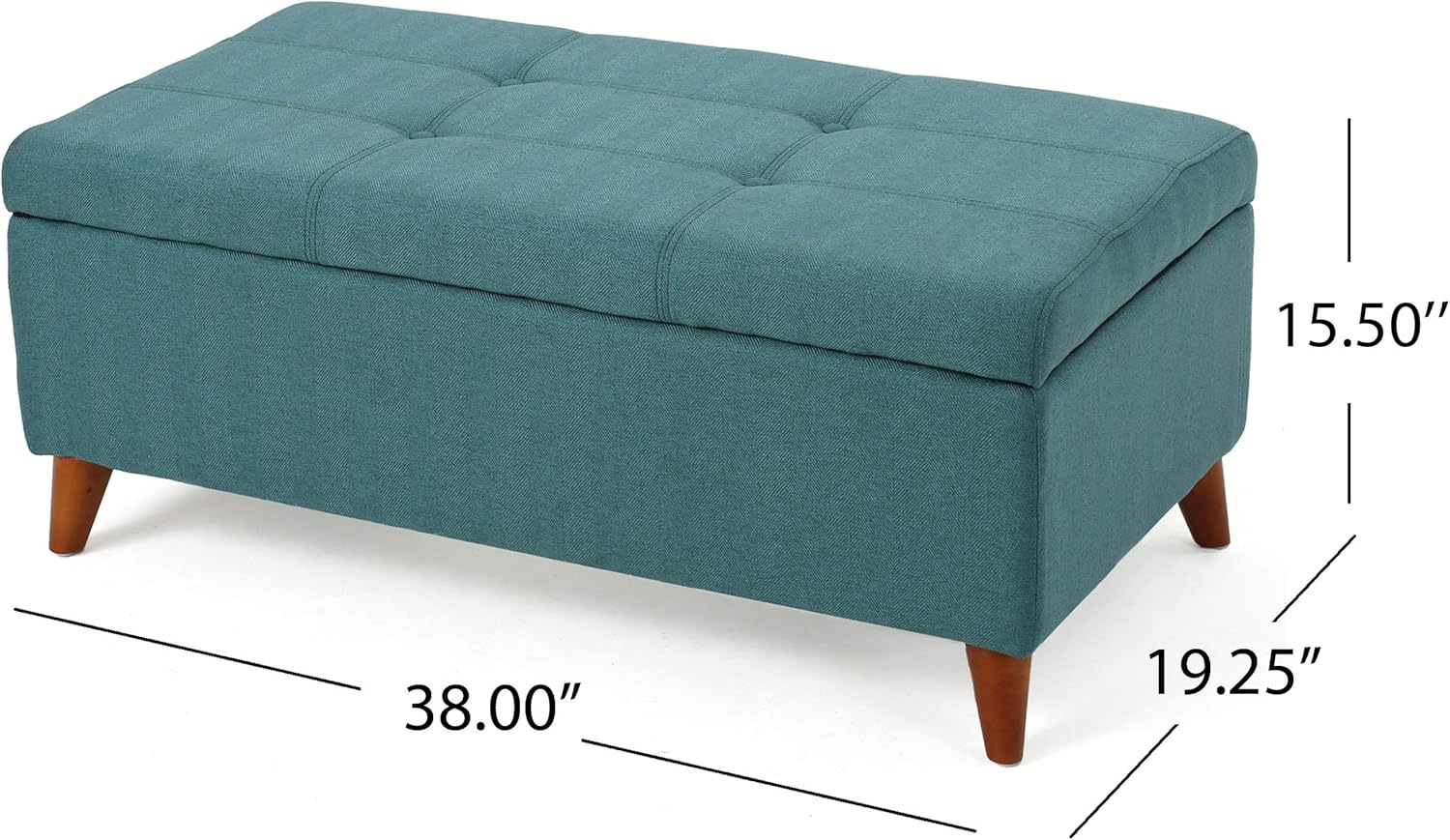 Teal upholstered storage ottoman with tufted top and tapered wooden legs