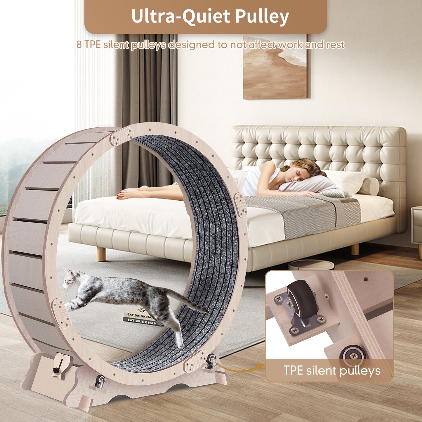 Wooden cat exercise wheel with grey textured track and visible TPE silent pulleys