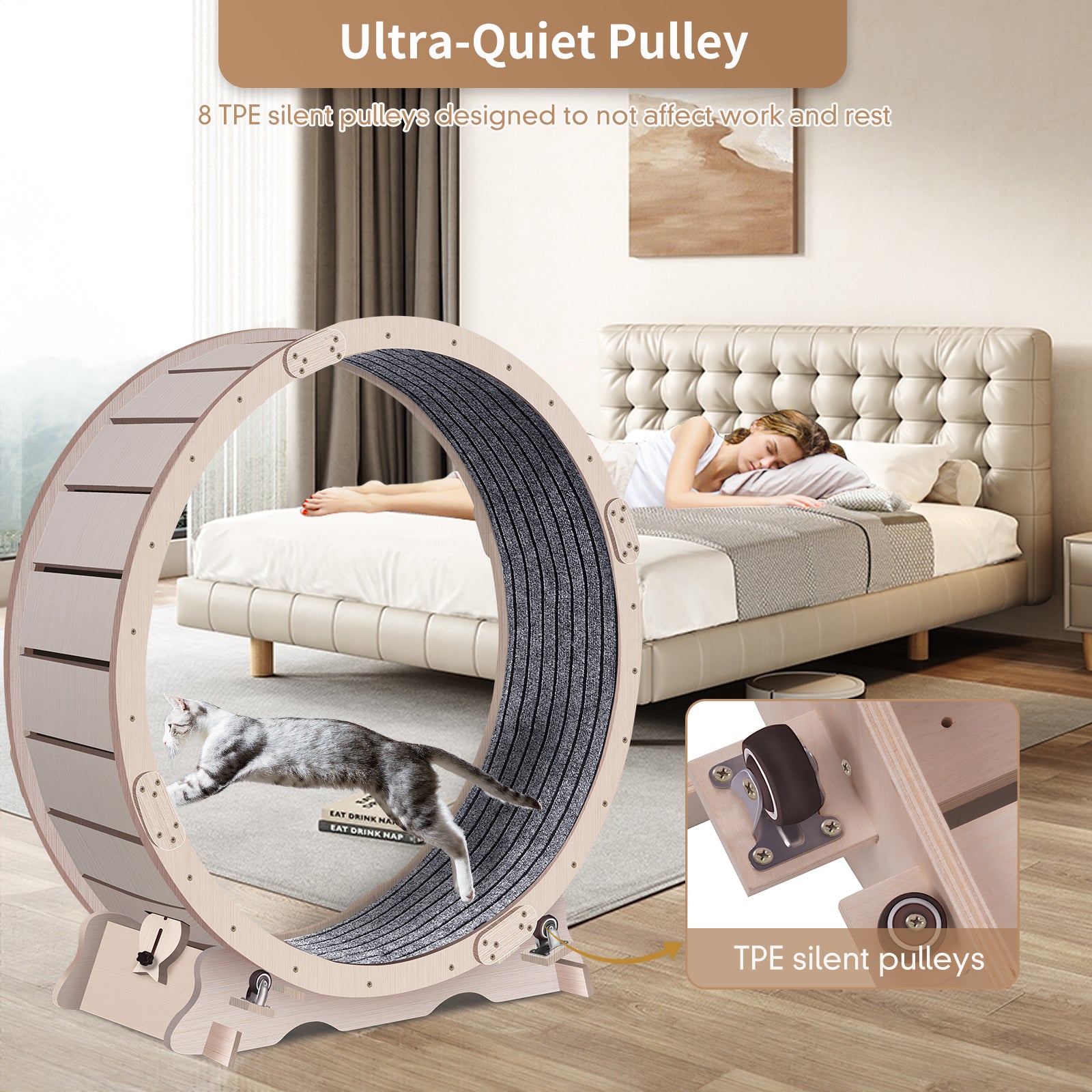 Wooden cat exercise wheel with grey textured track and visible TPE silent pulleys