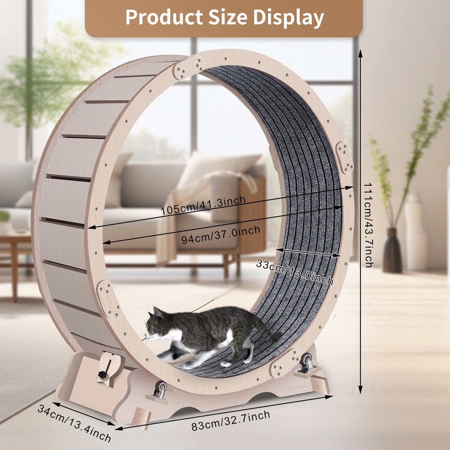 Wooden cat running wheel with gray sisal tread featuring a playful tabby cat