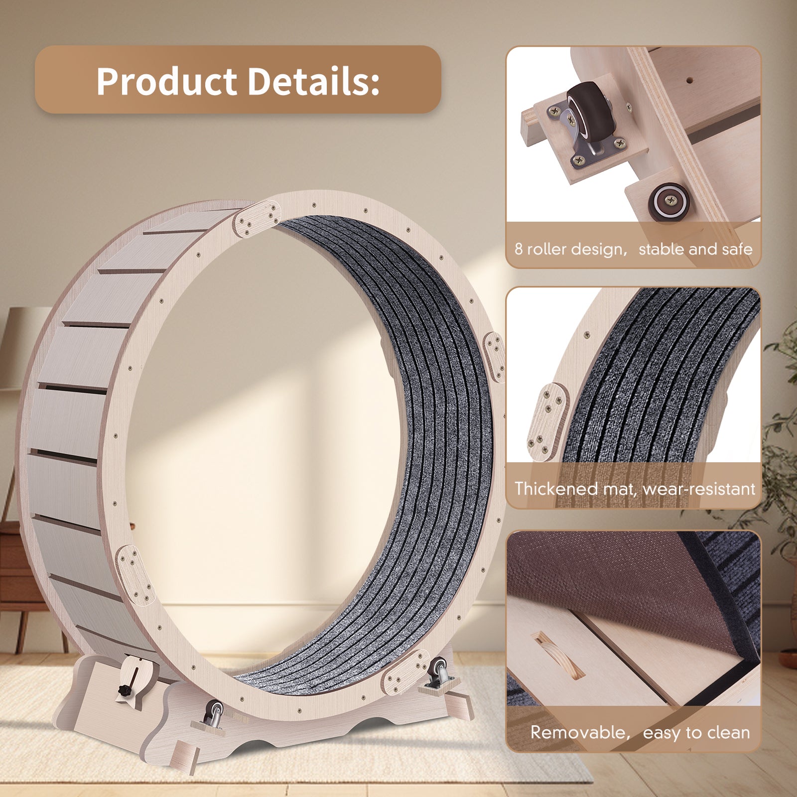 Wooden cat running wheel with textured interior surface and base