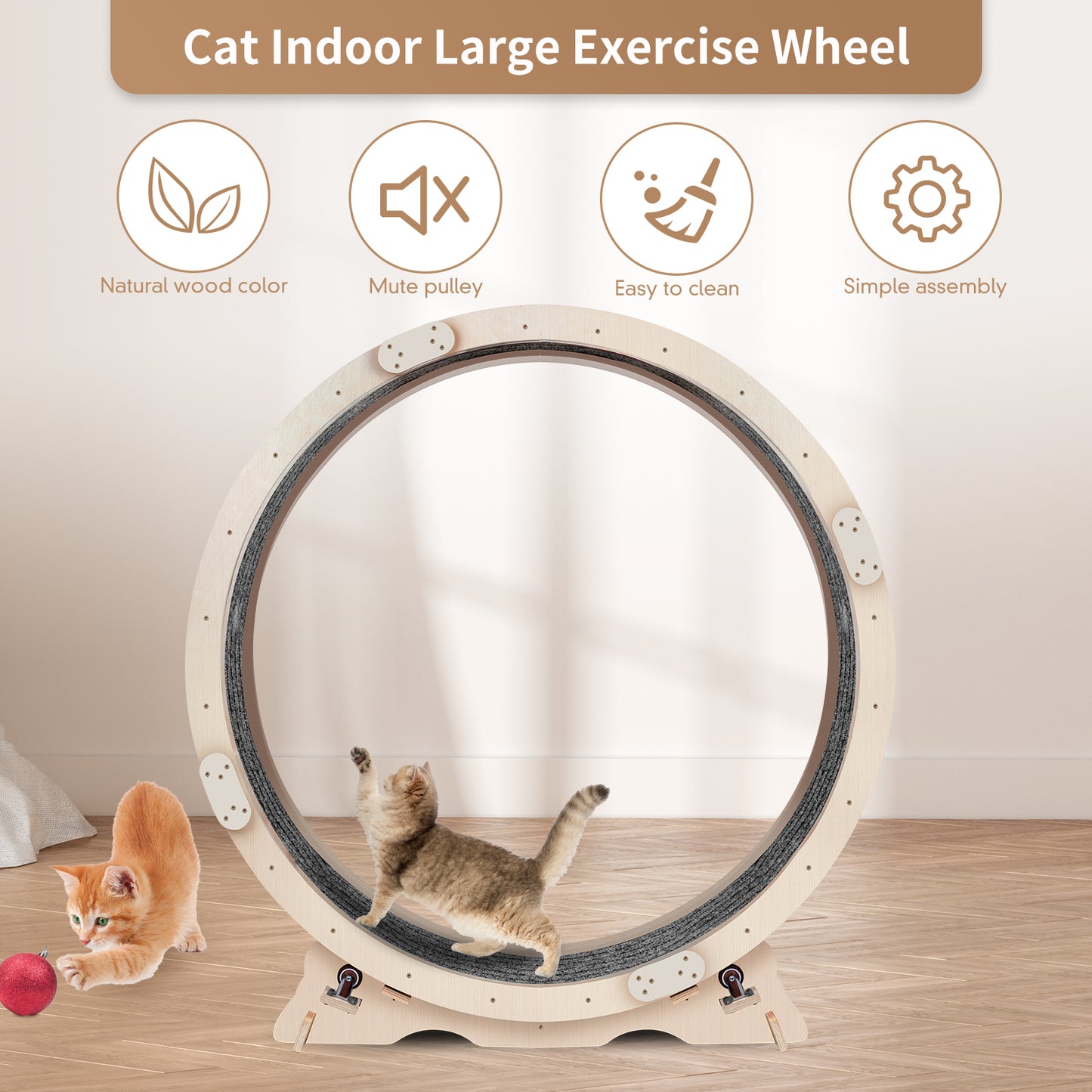 Large cat exercise wheel with natural wood finish and gray carpet runner ideal for indoor play
