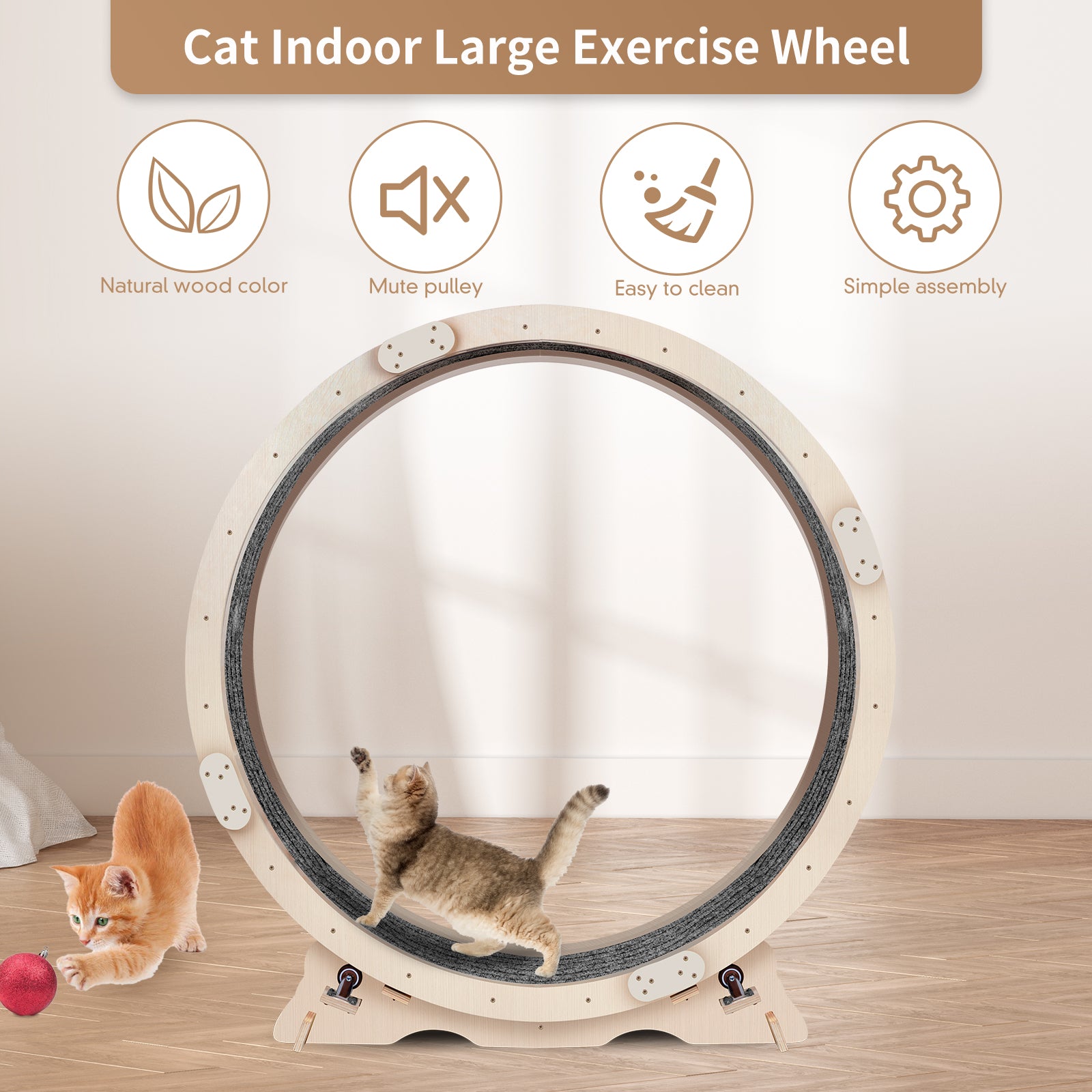 Large cat exercise wheel with natural wood finish and gray carpet runner ideal for indoor play