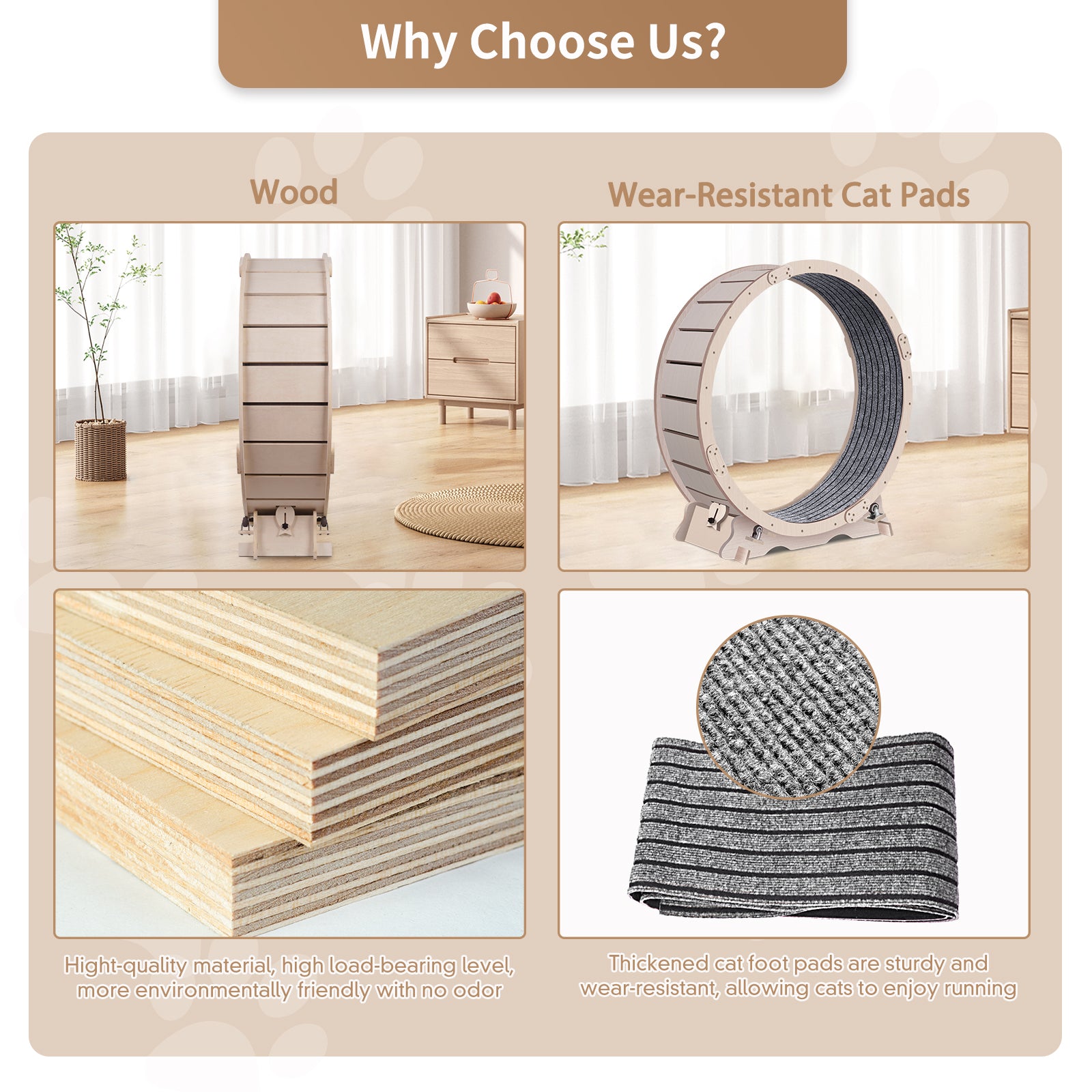 Natural wood cat wheel with stable base and climbing steps for active pets