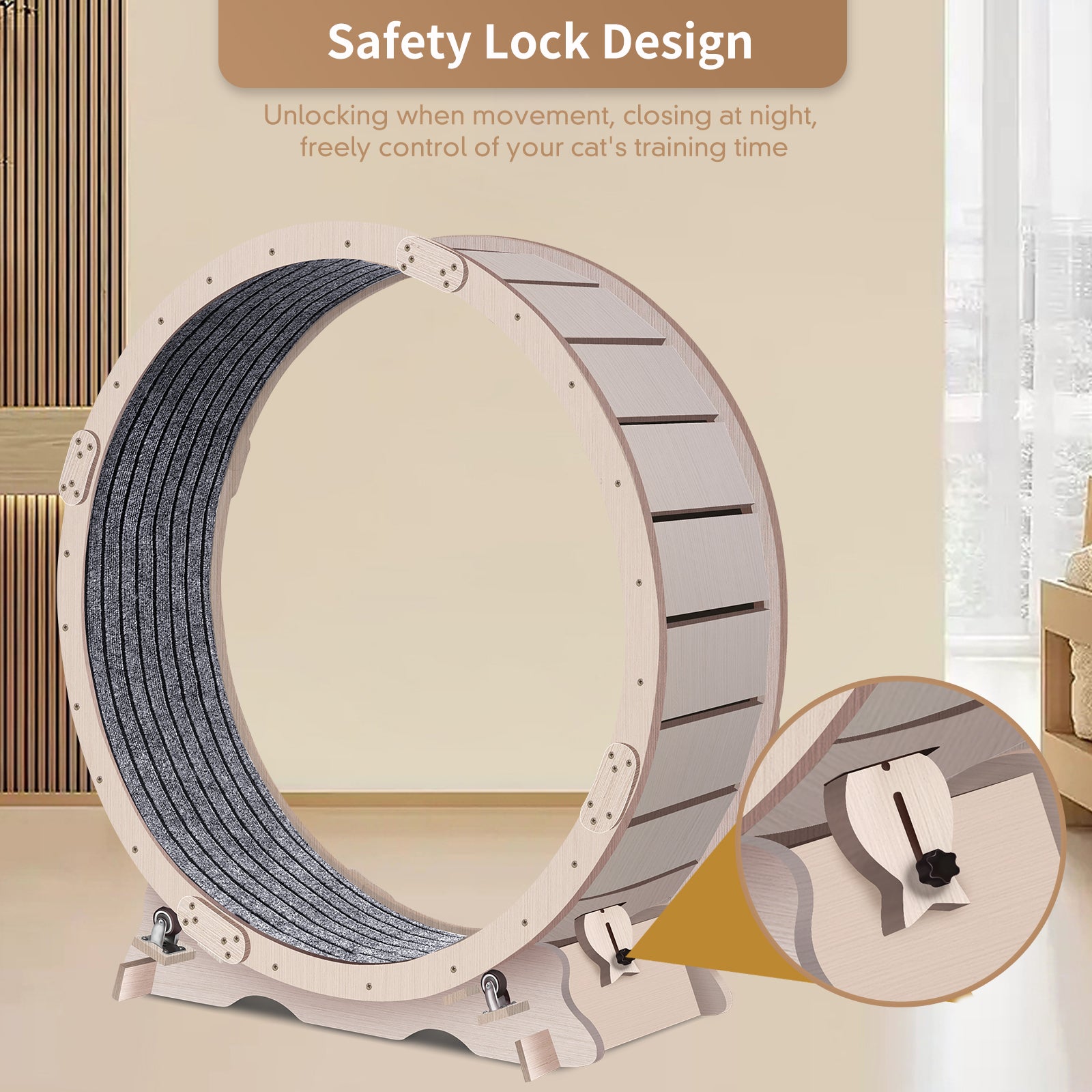 Wooden cat running wheel with textured track for exercise