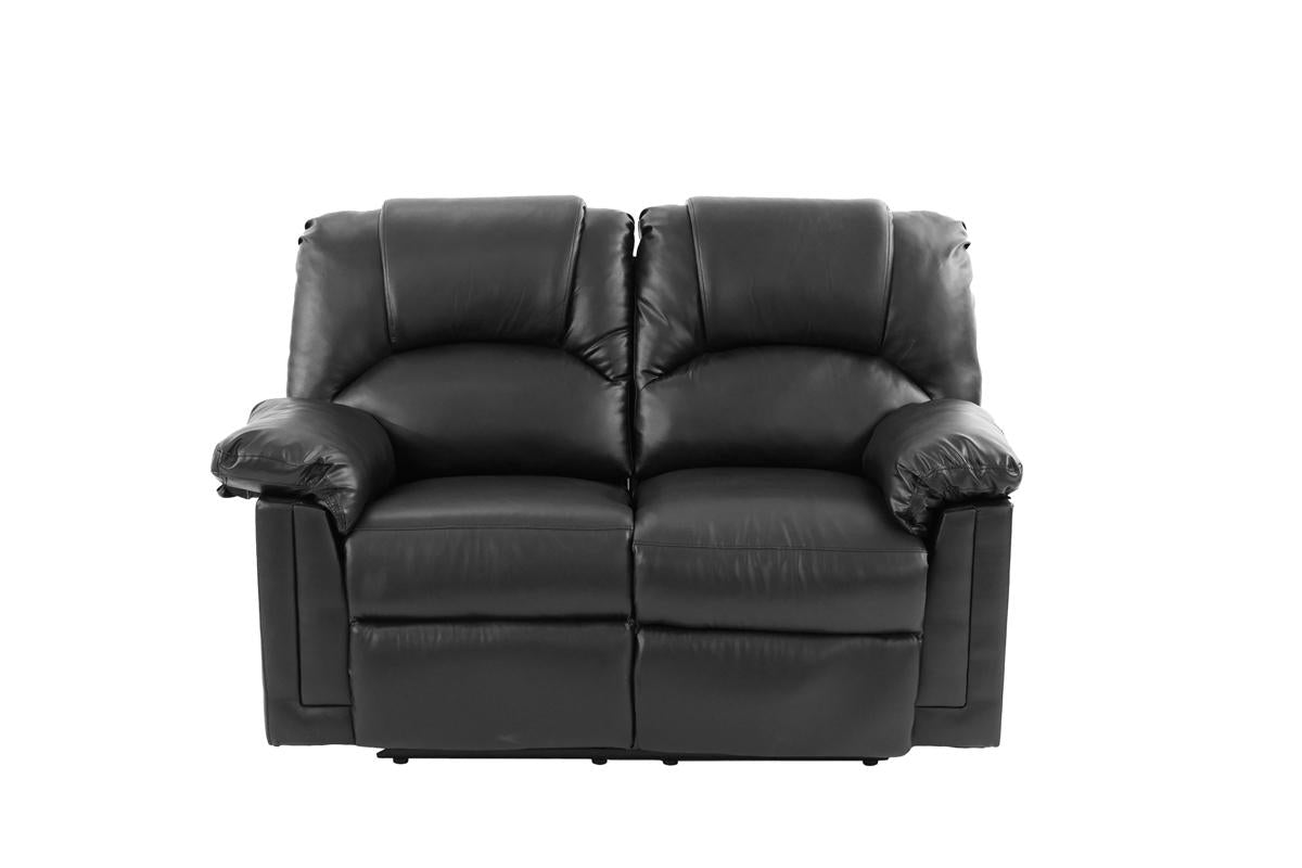 Black leather love seat recliner with plush cushioning and padded armrests for ultimate comfort
