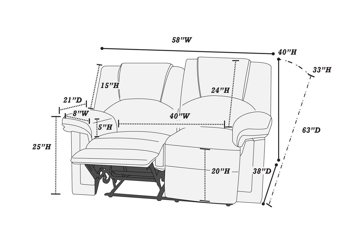 Diagram showing a recliner sofa with dimensions W x H x D