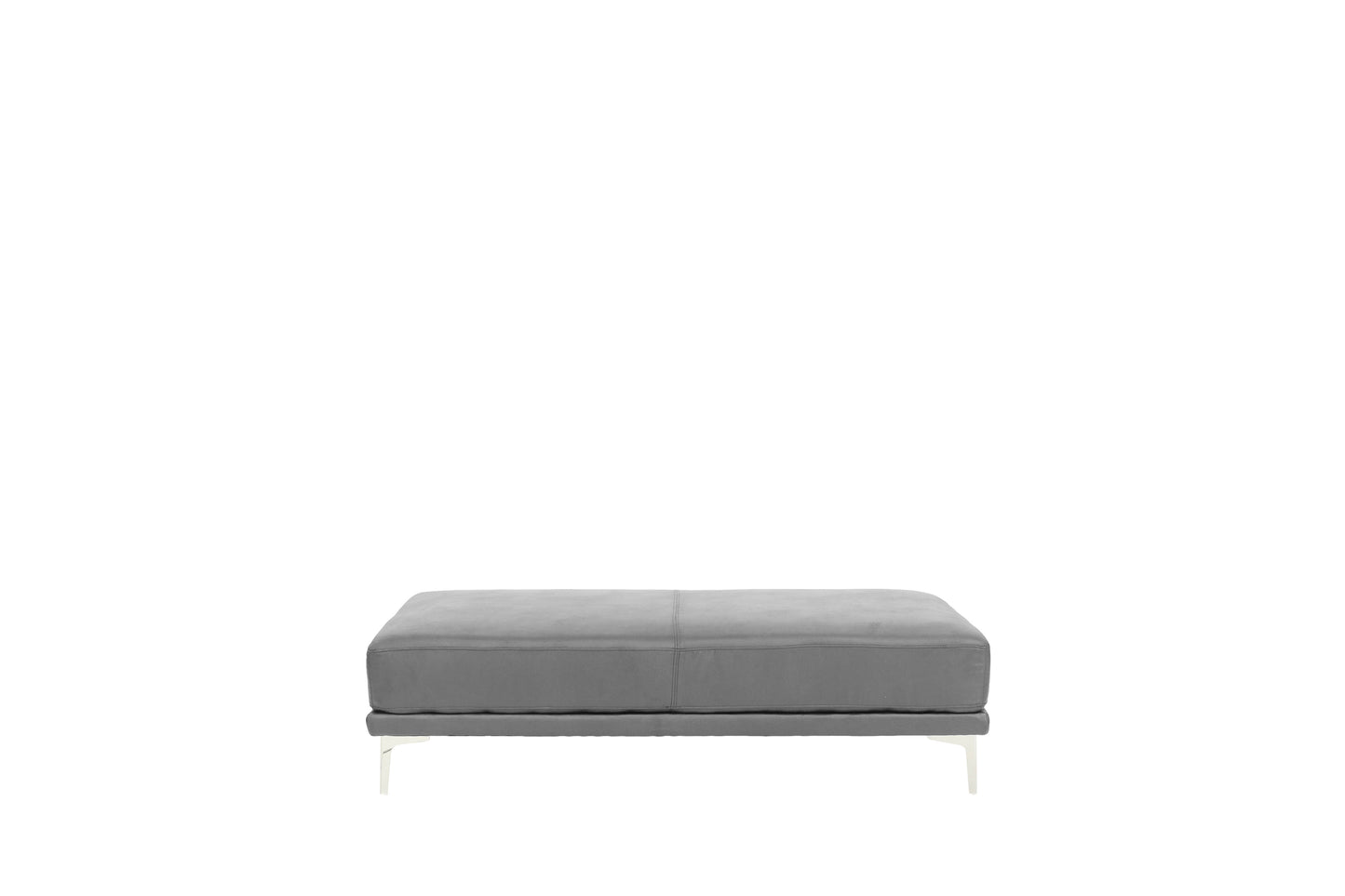 Modern grey velvet ottoman with clean lines and chrome legs