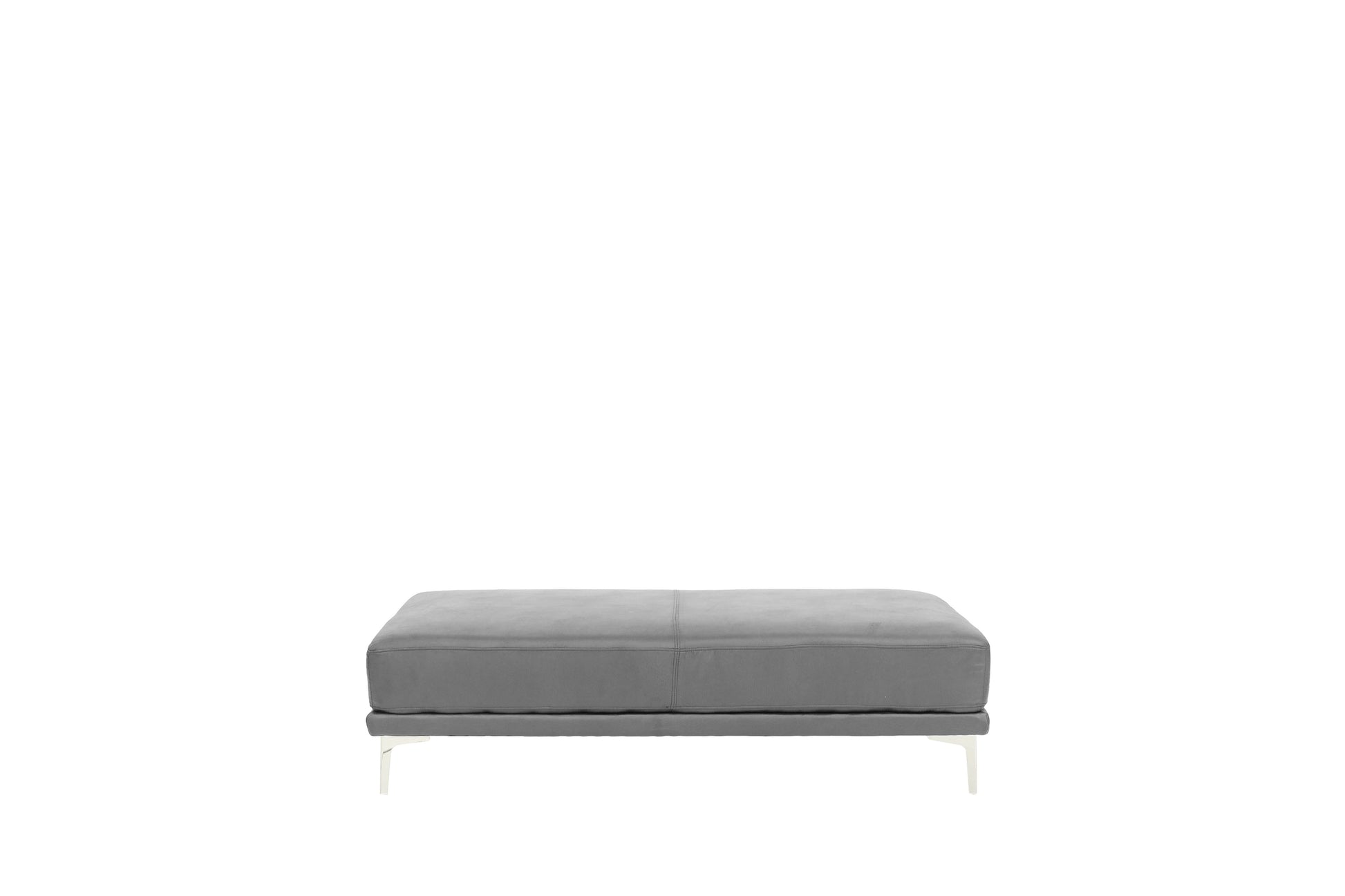 Modern grey velvet ottoman with clean lines and chrome legs