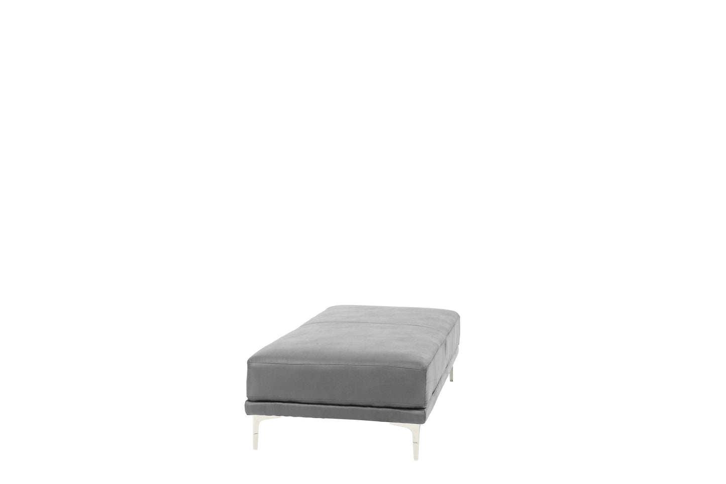 Modern grey leather ottoman with sleek silver legs perfect for living room seating