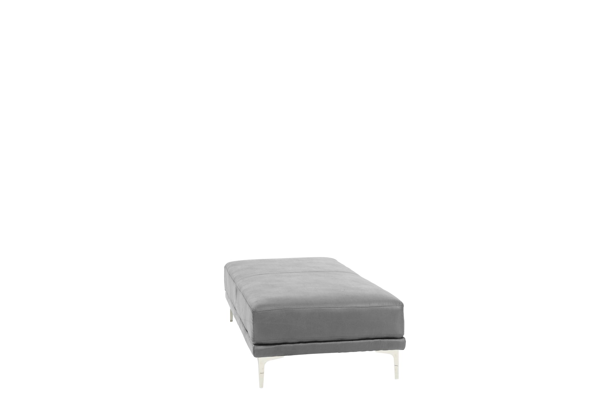 Modern gray upholstered ottoman with sleek chrome legs ideal for living room seating