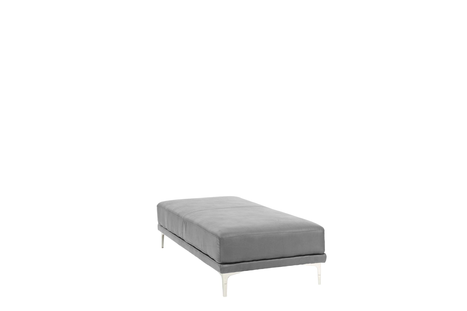Gray velvet bench ottoman with modern silver legs for stylish seating