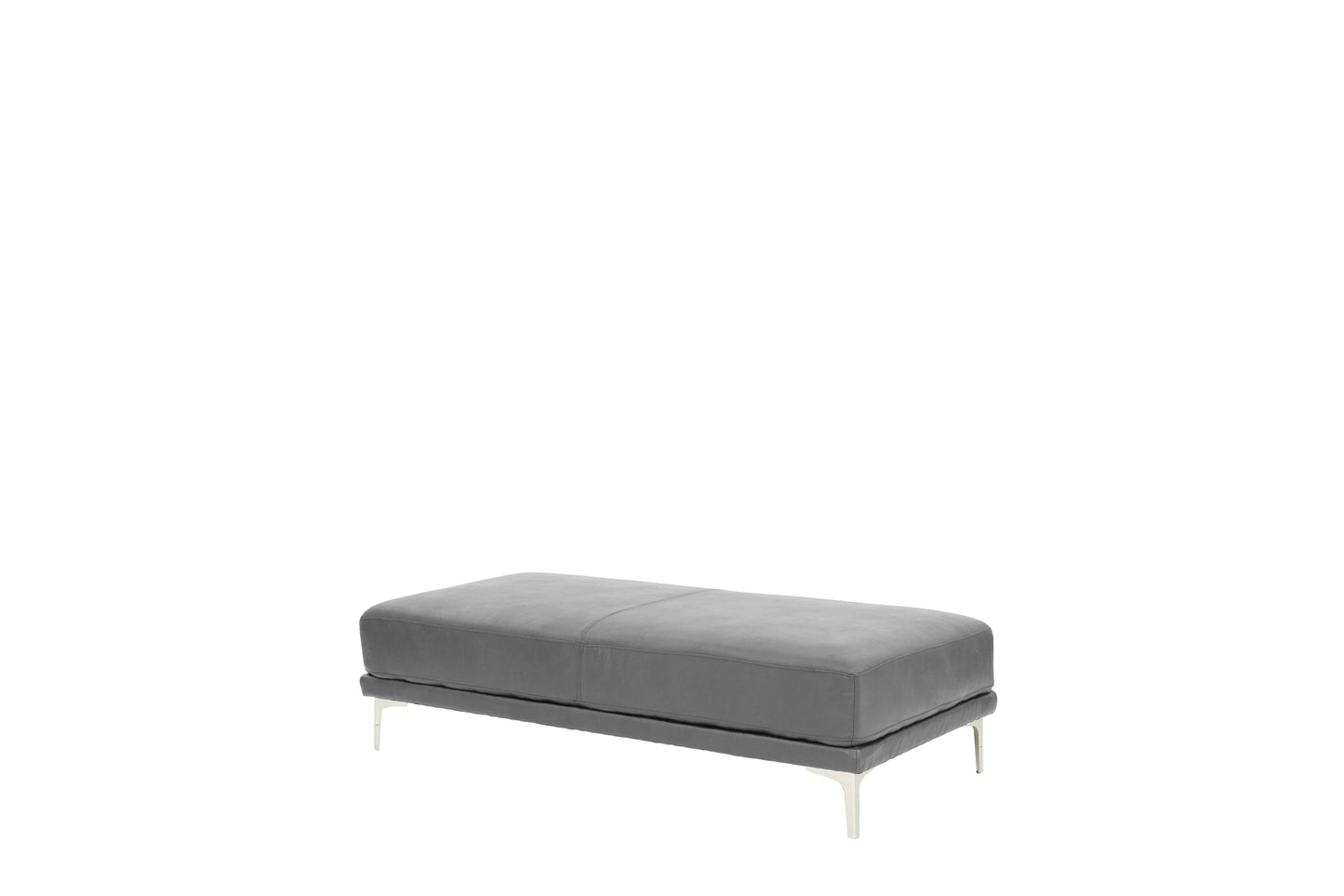 Grey leather upholstered bench with modern silver legs