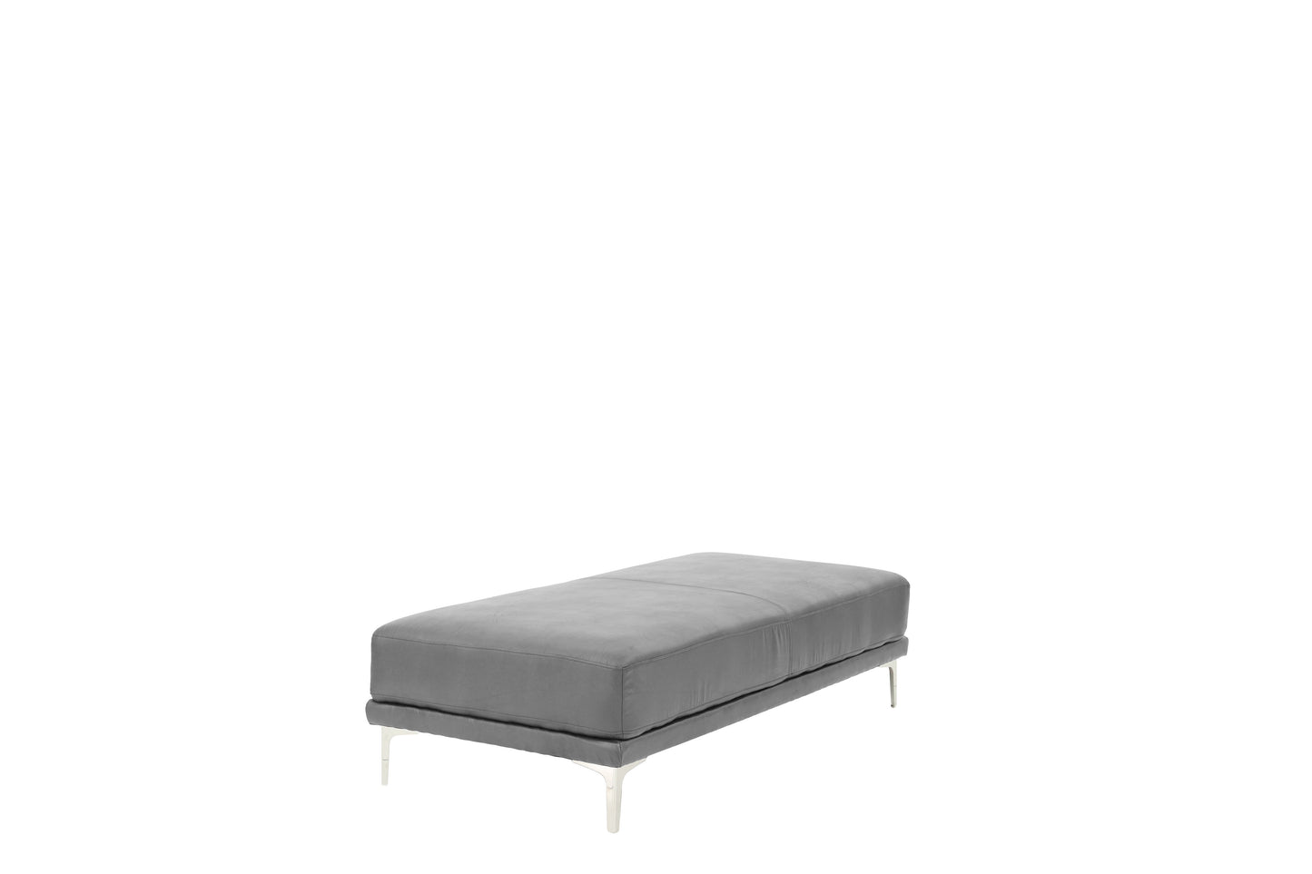 Modern grey velvet ottoman with sleek chrome legs ideal for living room accent seating