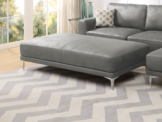 Grey leather ottoman with stitched detailing and silver metal legs perfect for living room seating