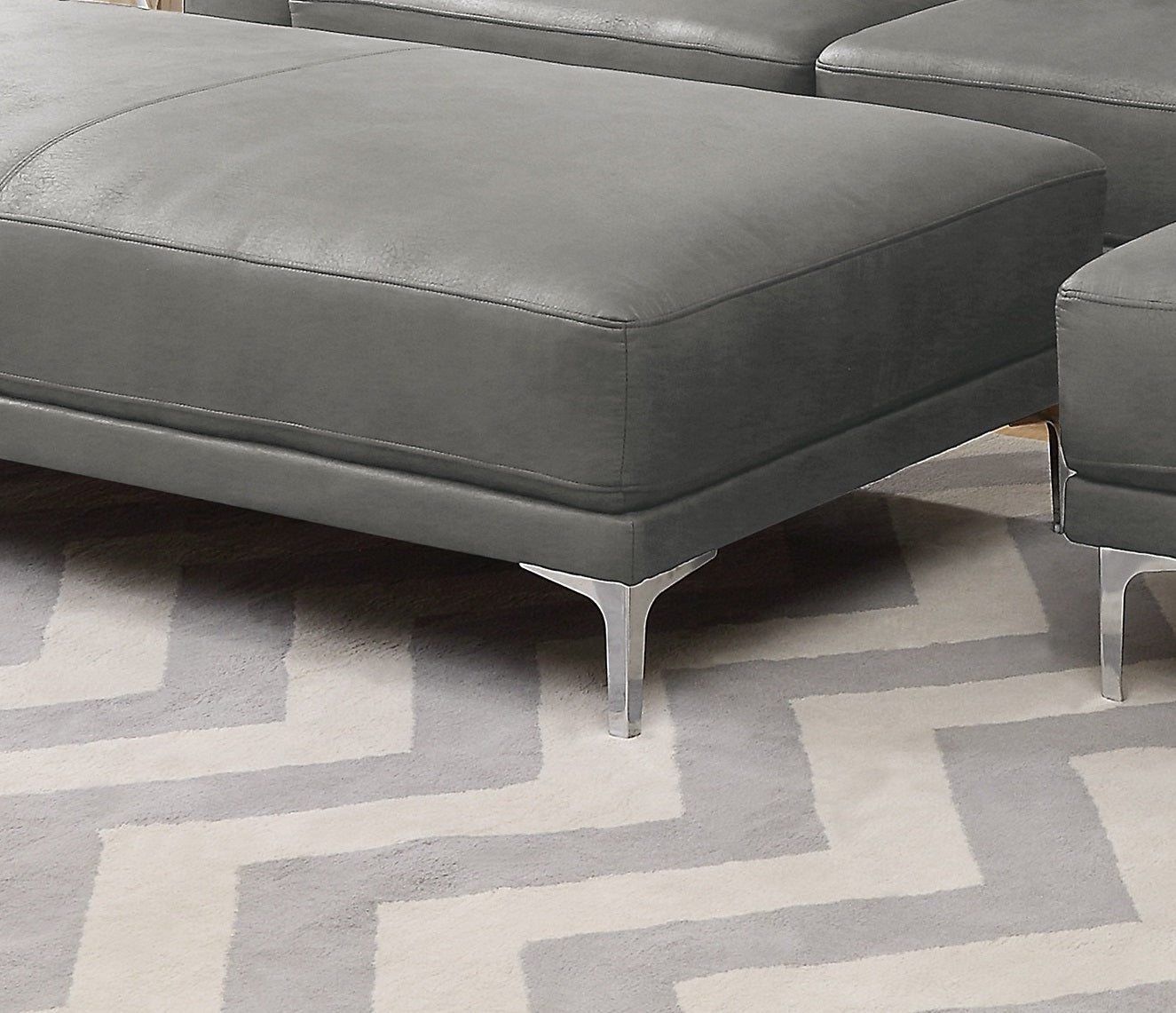 Modern grey leather sectional sofa ottoman with brushed chrome legs