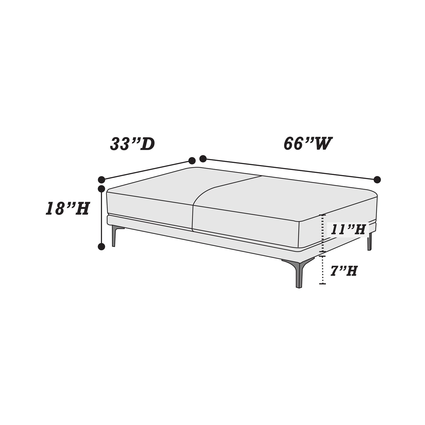 Diagram illustrating a modern rectangular ottoman with dimensions W x D x H