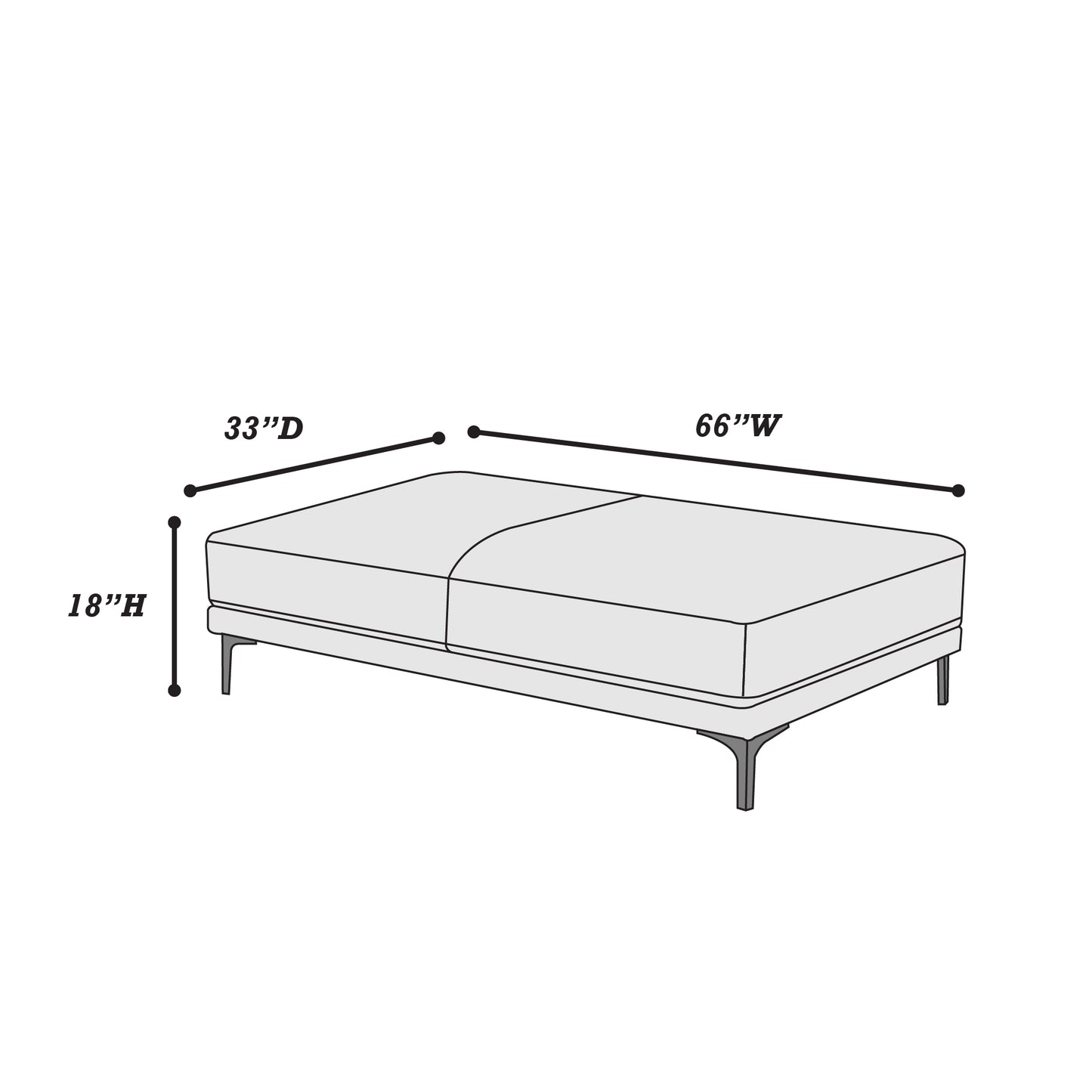 Modern rectangular ottoman with tapered legs W x D x H