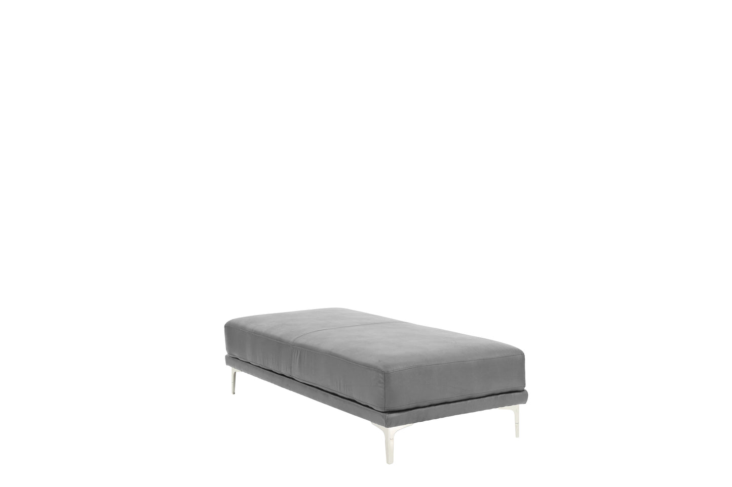 Modern grey leather bench with sleek silver legs perfect for entryways