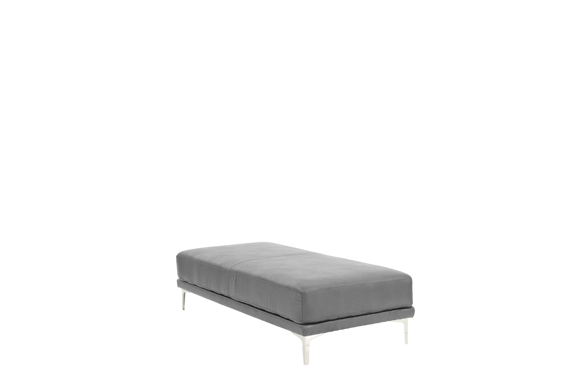 Modern grey leather bench with sleek silver legs perfect for entryways