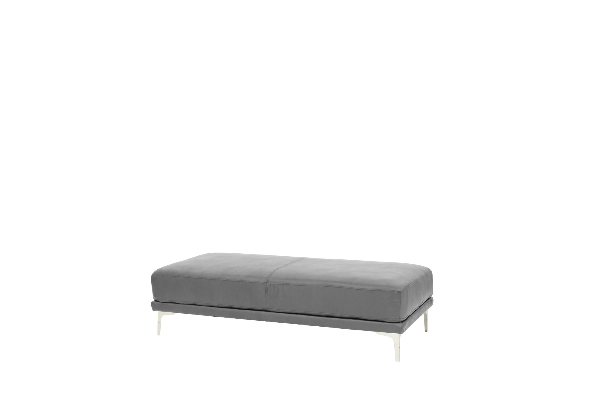 Gray faux leather rectangular ottoman with silver metal legs