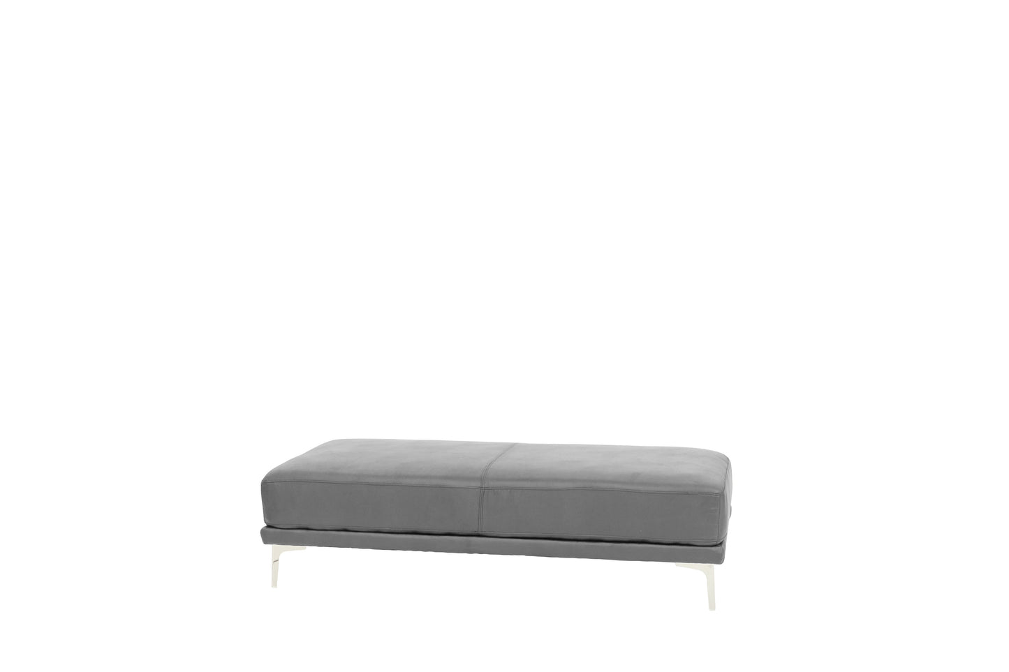Plush grey leather ottoman with clean stitching and modern chrome legs