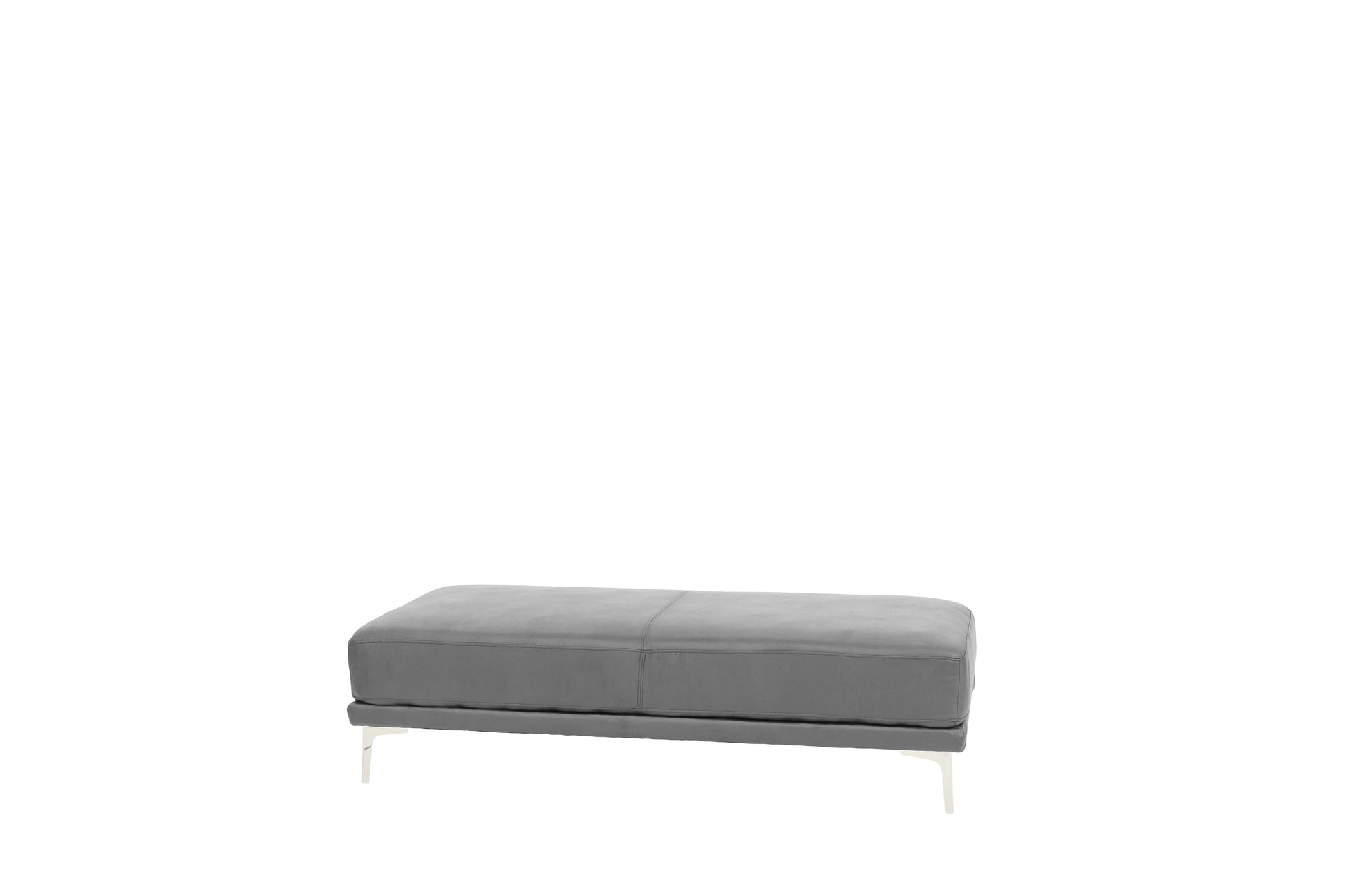 Plush grey leather ottoman with clean stitching and modern chrome legs