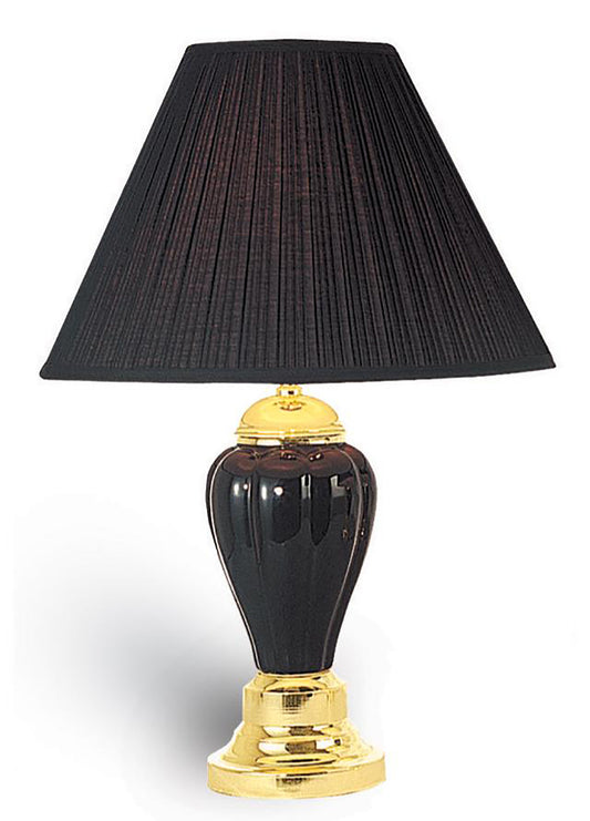 Elegant dark brown pleated lampshade table lamp with a glossy black urnshaped base and polished brass accents