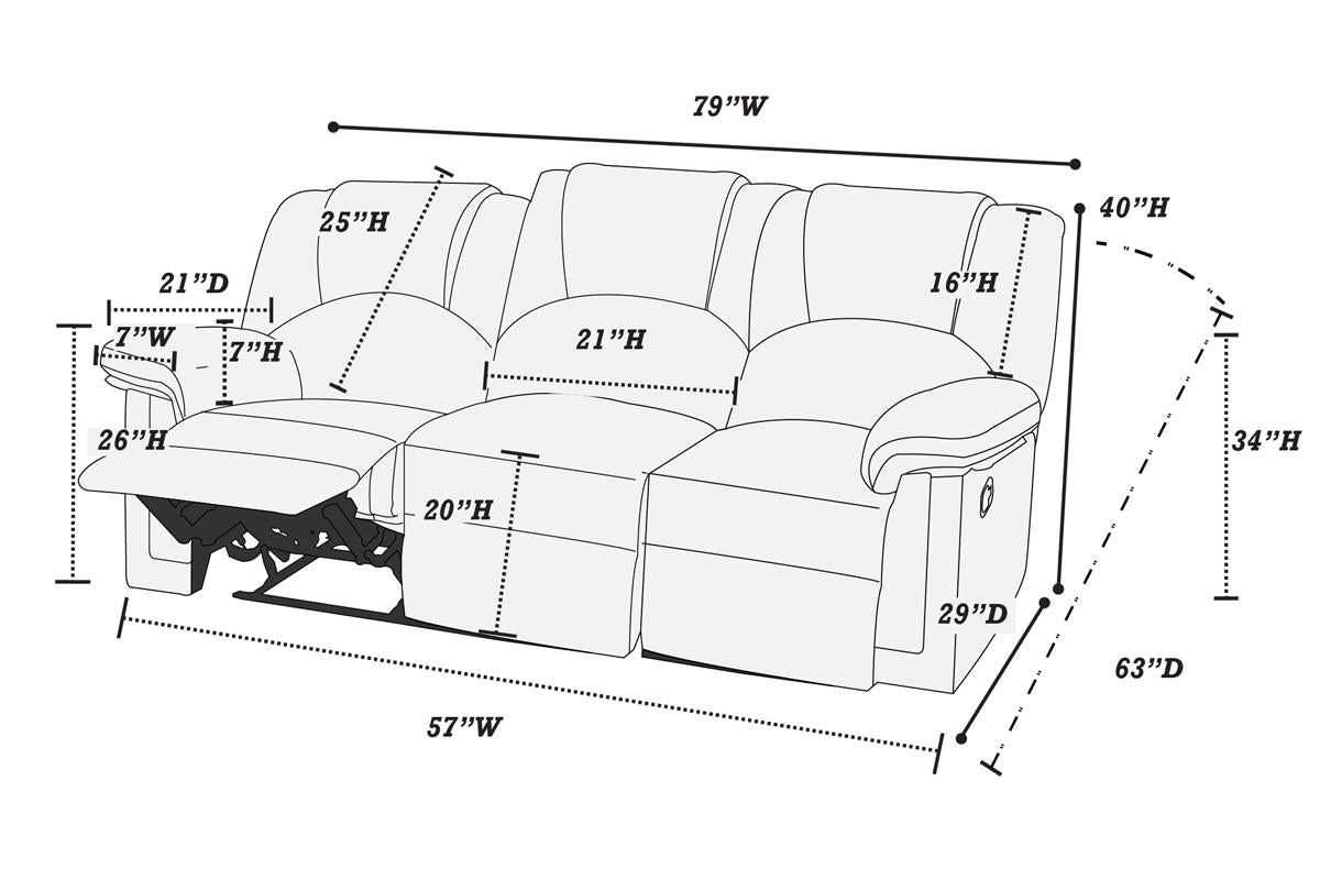 Diagram of a seater reclining sofa with dimensions labelled for width and height