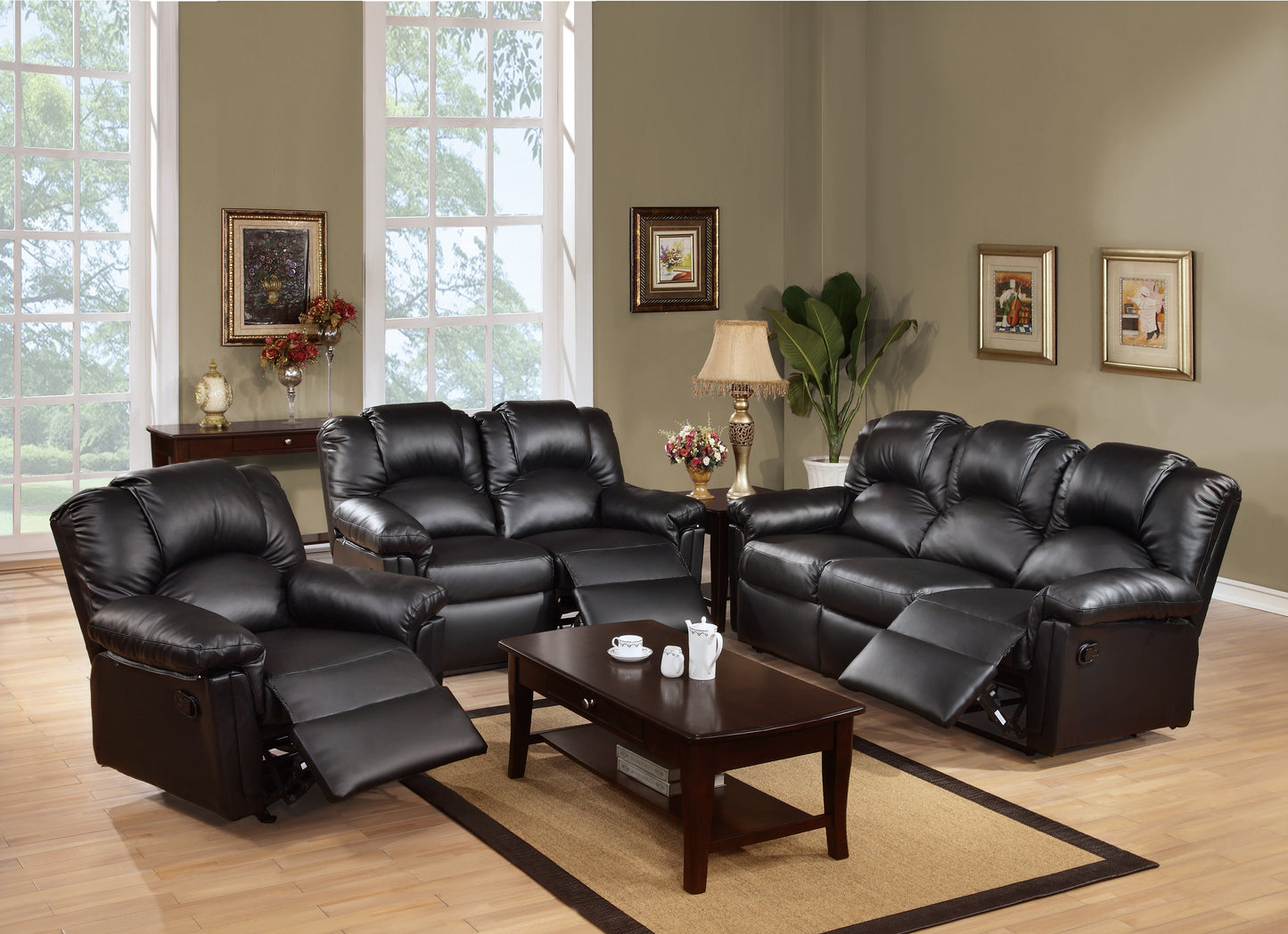 Plush black leather recliner sofa set with multiple seating options