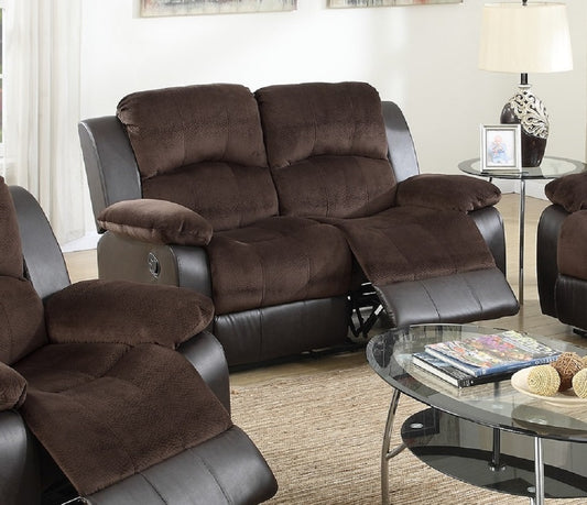 Brown microfiber and faux leather reclining sofa with plush cushions for ultimate comfort