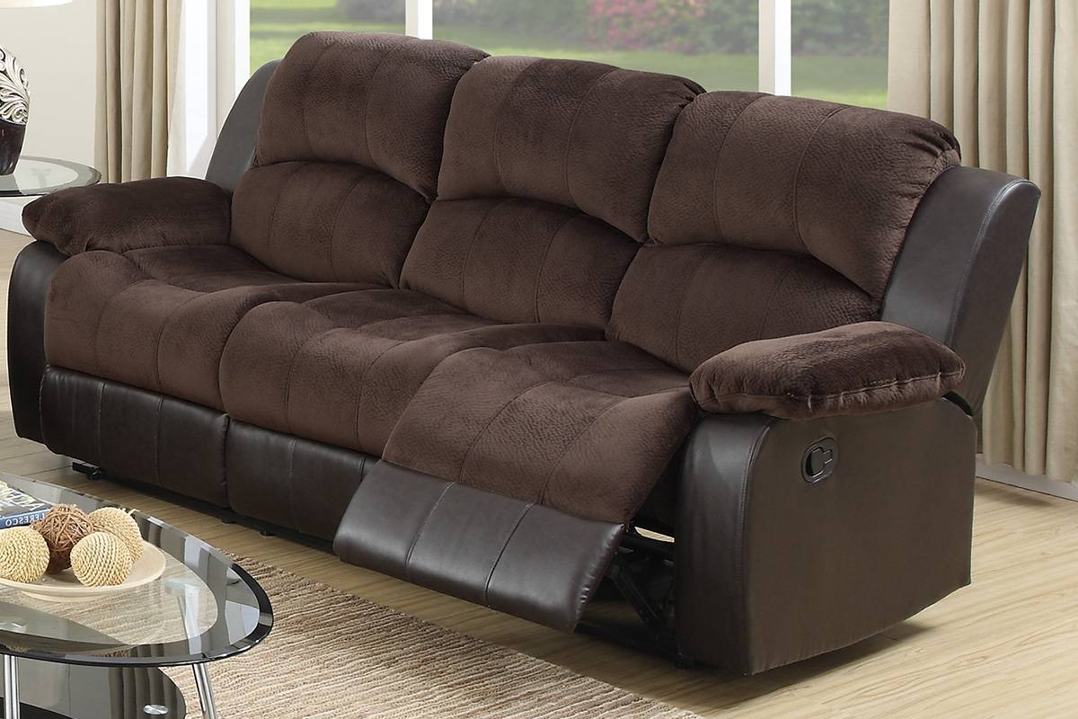 Plush brown fabric recliner sofa with dark brown faux leather base and padded arms for ultimate comfort