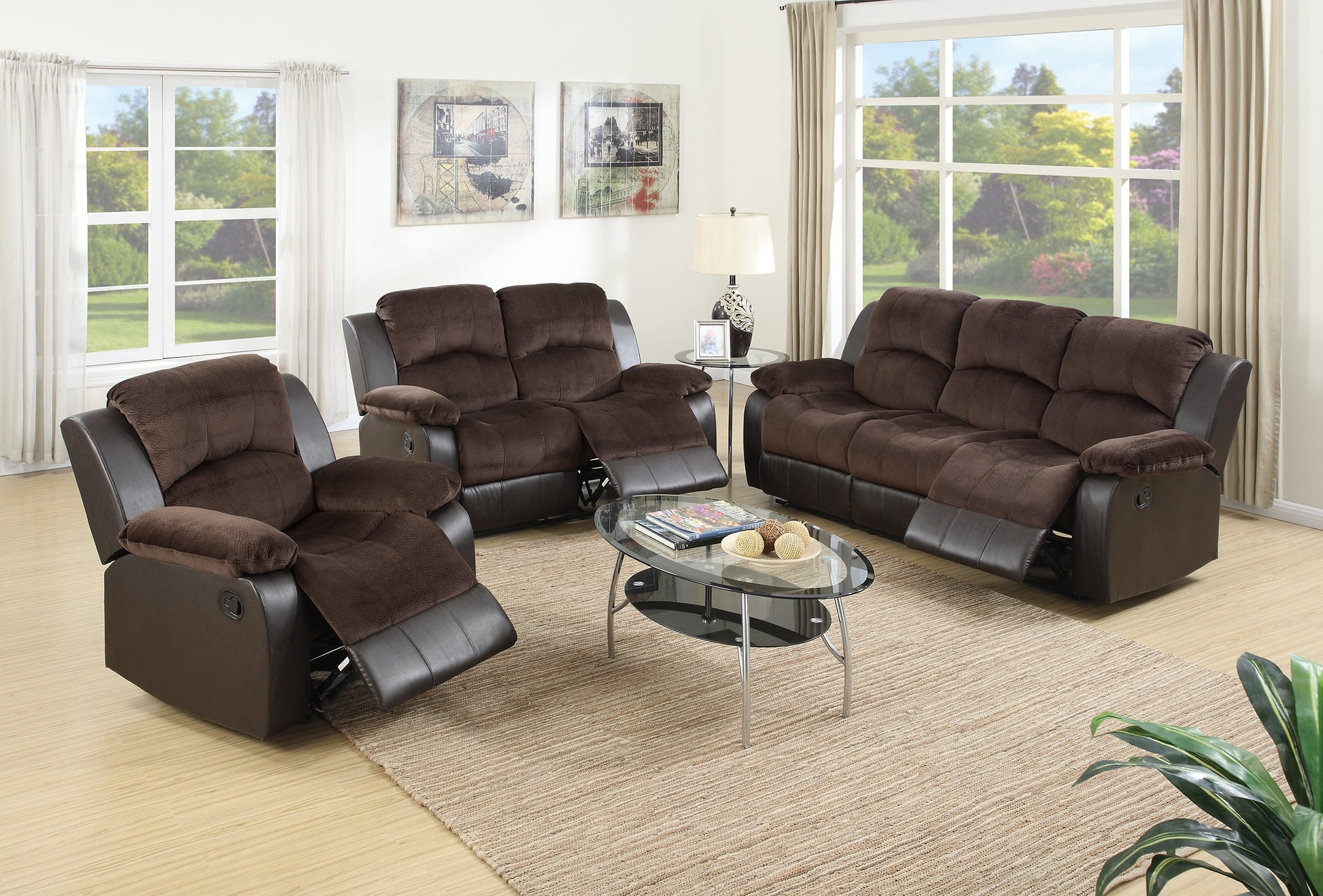 Brown recliner sofa set with plush upholstery and dark faux leather accents
