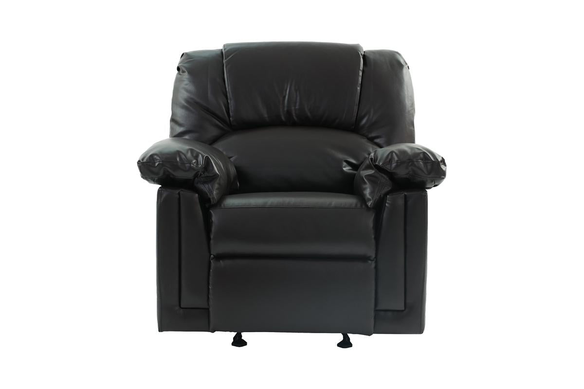 Black leather recliner chair with plush cushioning and padded arms