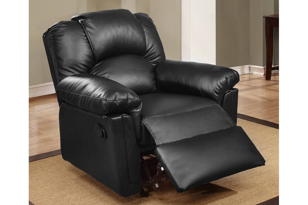 Black leather recliner chair with plush cushioning and extended footrest