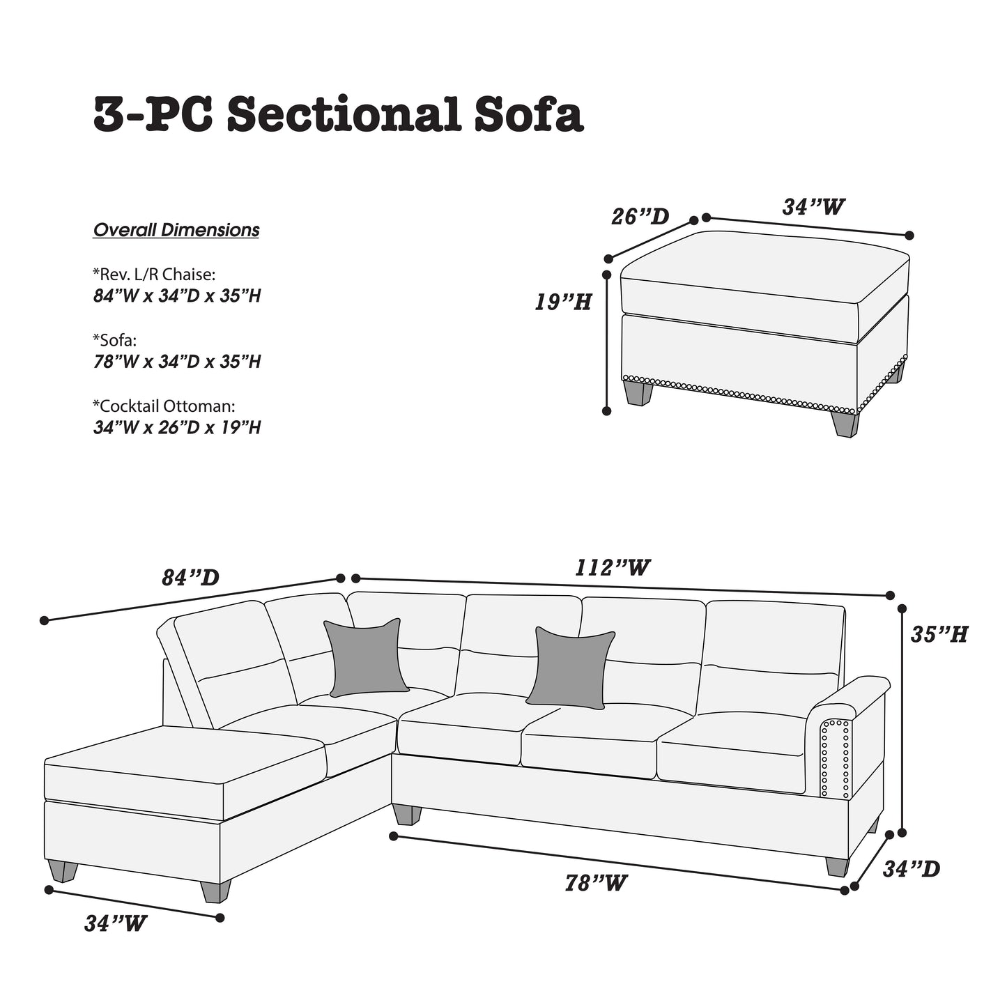 piece sectional sofa with chaise and matching ottoman in neutral tone W