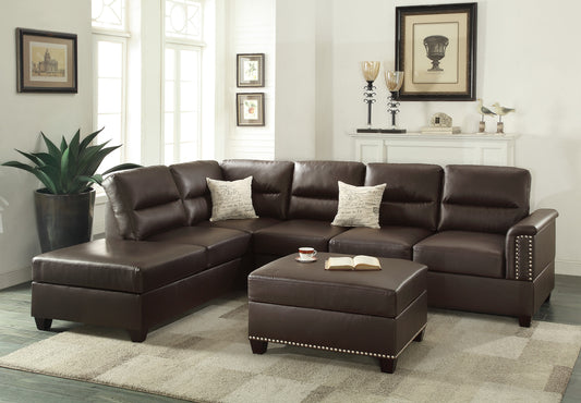 Rich brown leather sectional sofa with studded arms and matching ottoman in a living room setting