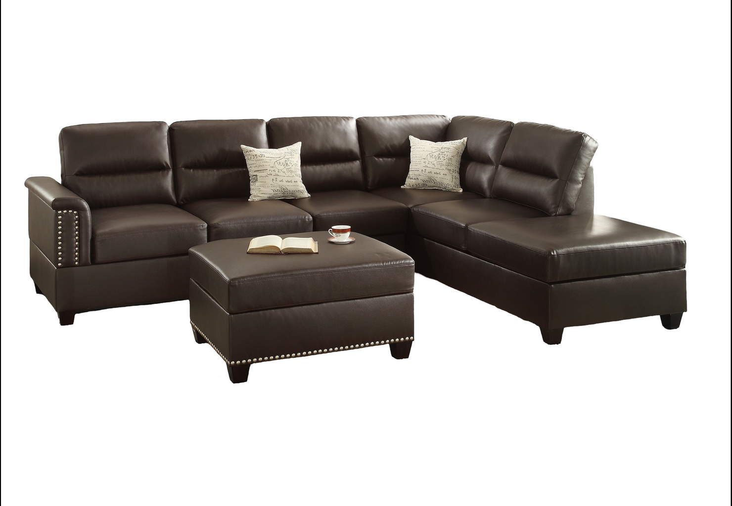 Brown faux leather Lshaped sectional sofa with tufted back cushions and decorative nailhead trim