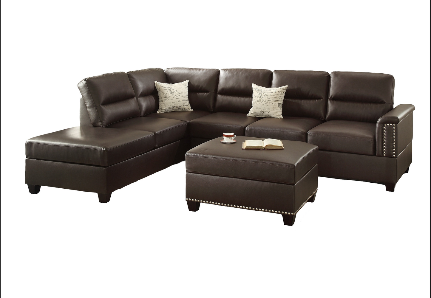 Dark brown leather sectional sofa with tufted cushions and silver nailhead trim