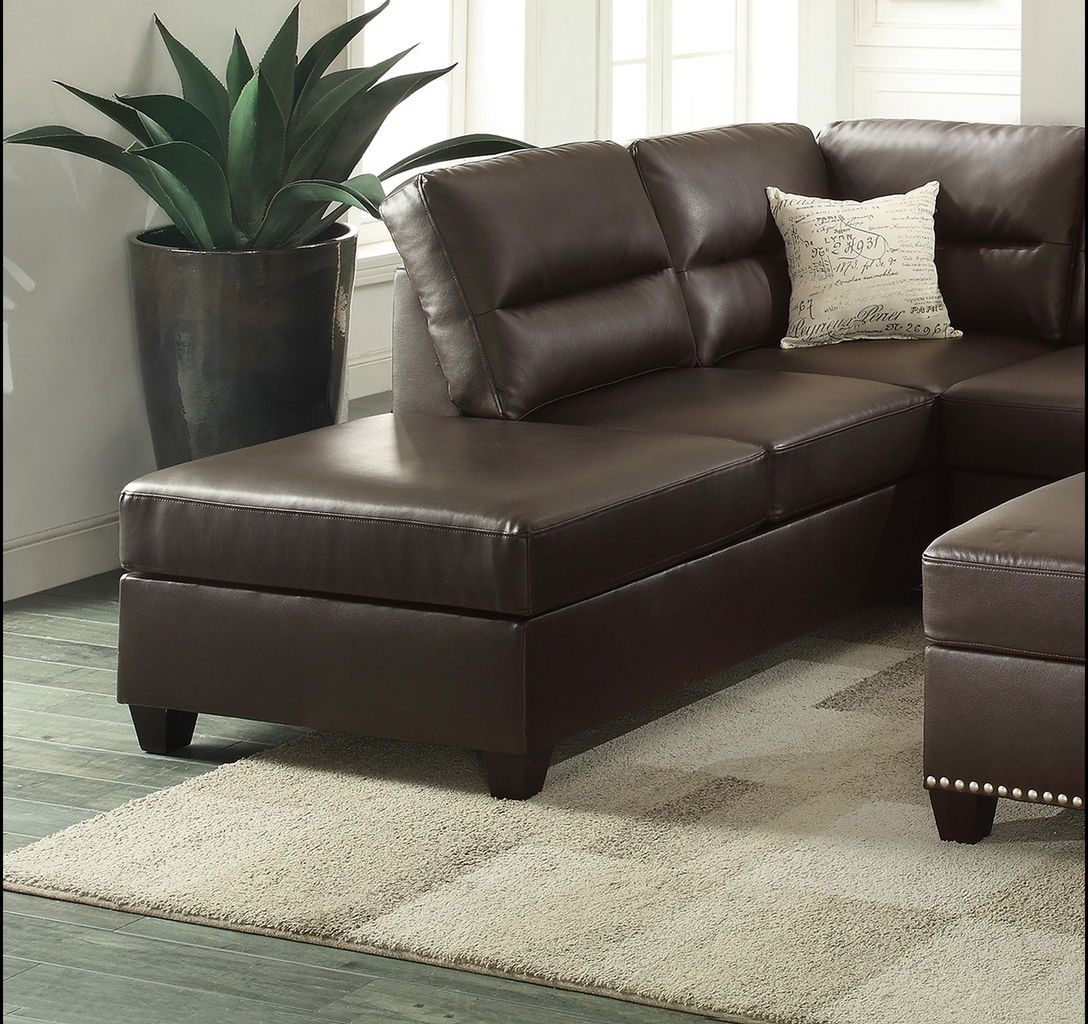 Dark brown faux leather sectional sofa with chaise lounge and storage