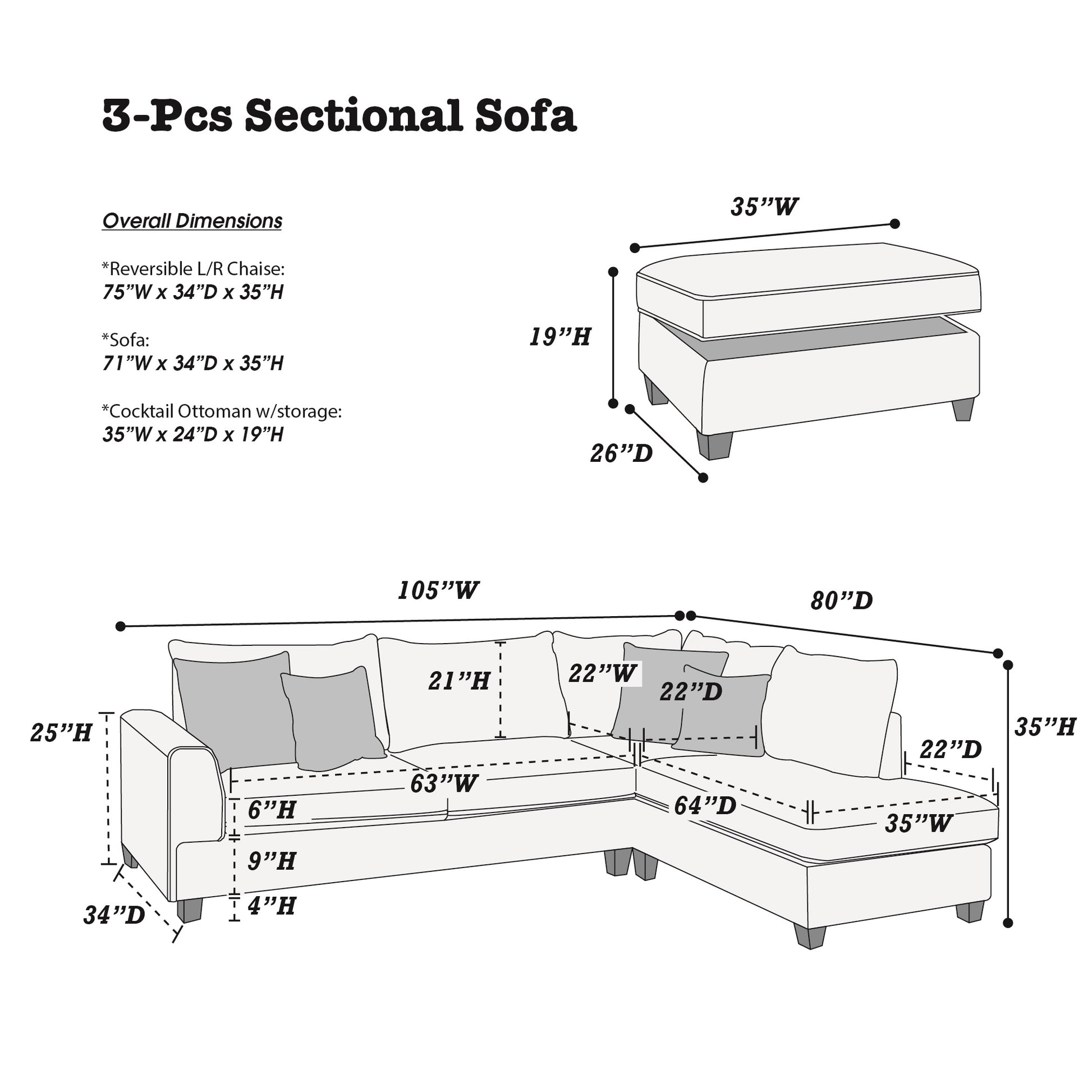 Diagram of a piece sectional sofa with dimensions including a cocktail ottoman with storage