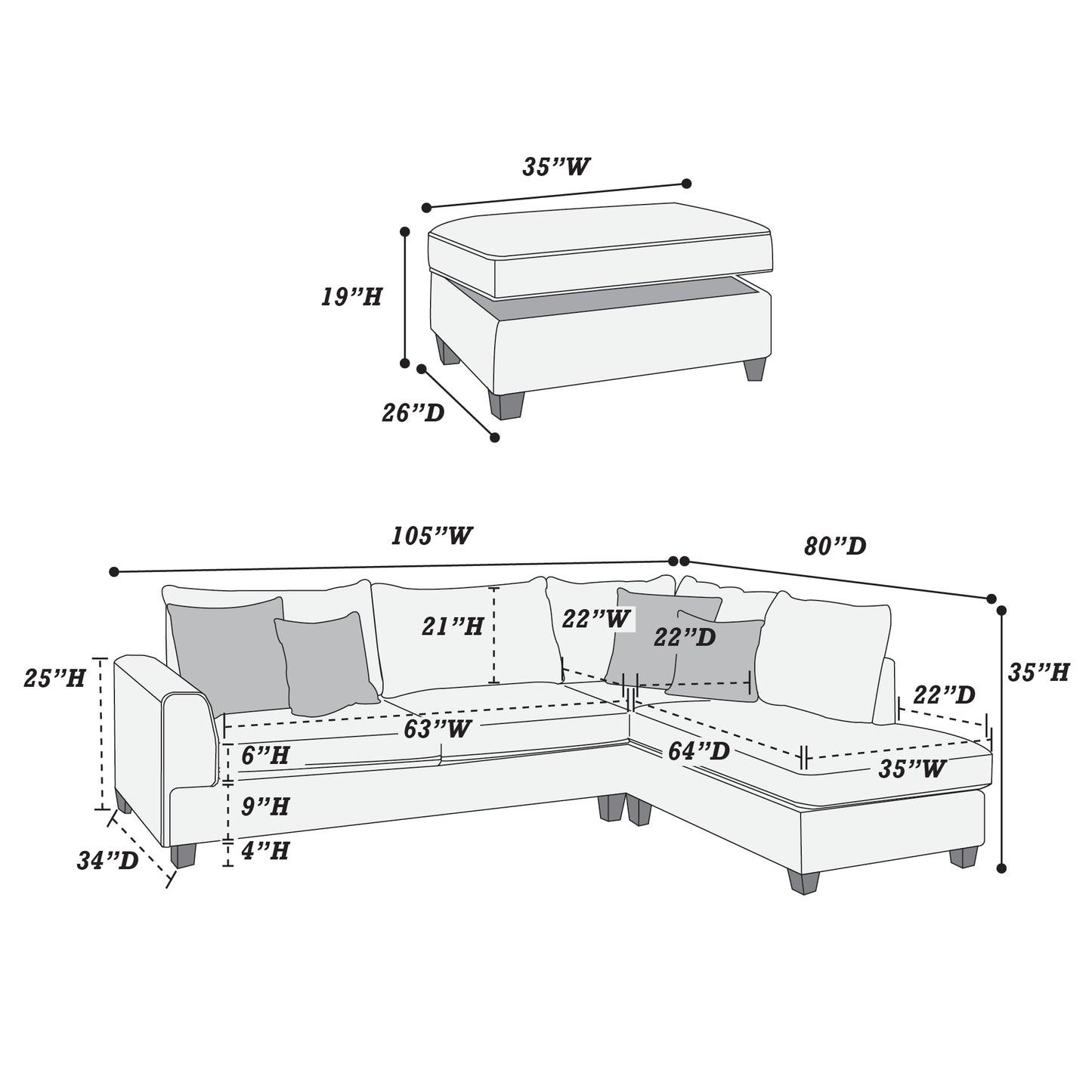 Diagram of sectional sofa dimensions W x D with ottoman W x D